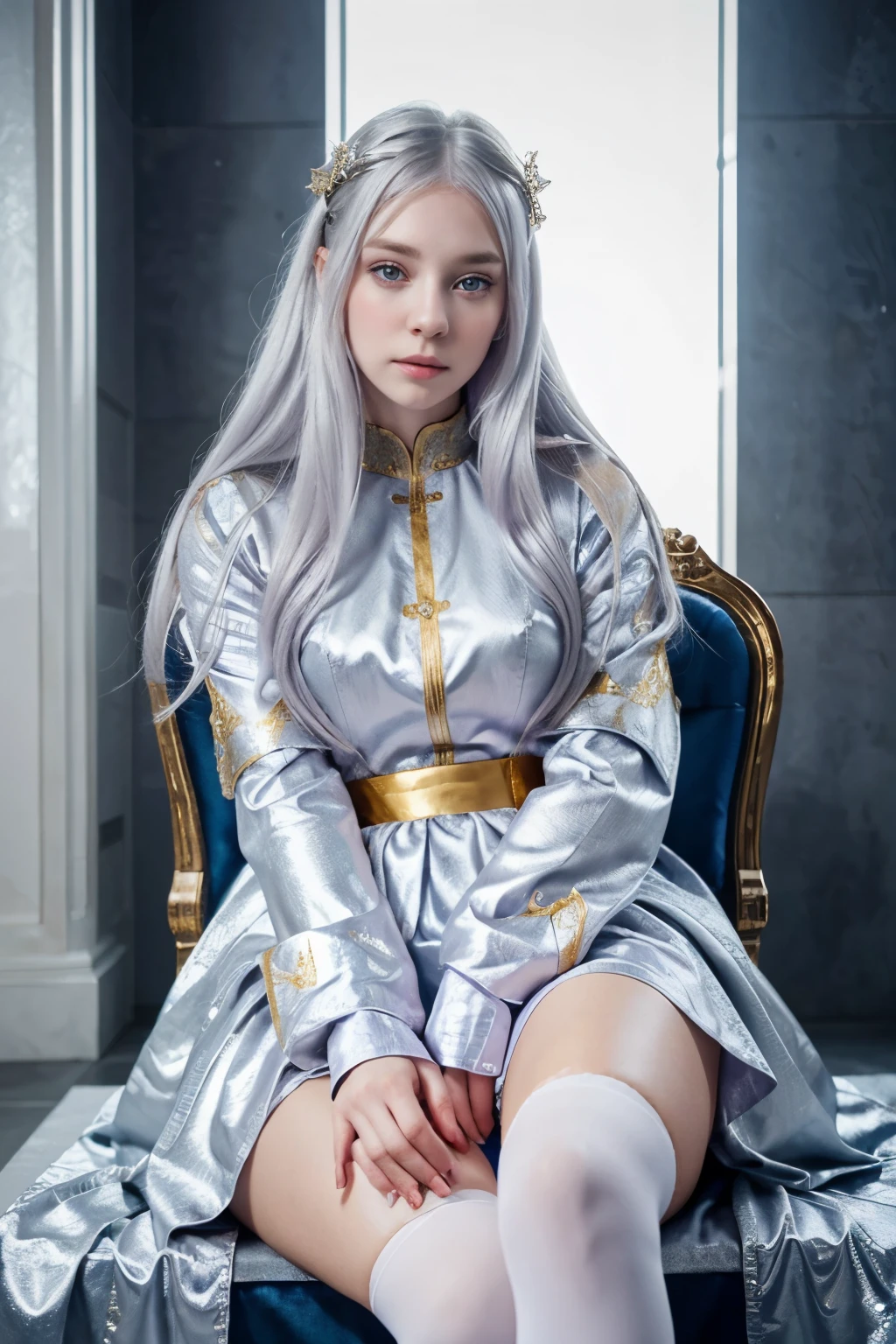 Cute girl, princess, silver hair, violet eyes, pale skin, gorgeous person sitting on the throne, wearing white, silver and gold,