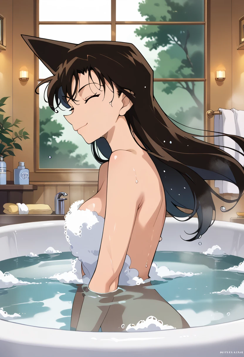 masterpiece,High resolution,Highest quality,8k (Detective Conan,Maorilan) (Completely naked,Large hot springs,Wet,Bubble bath)smile,Closed eyes,Floating in the bathtub,From the side