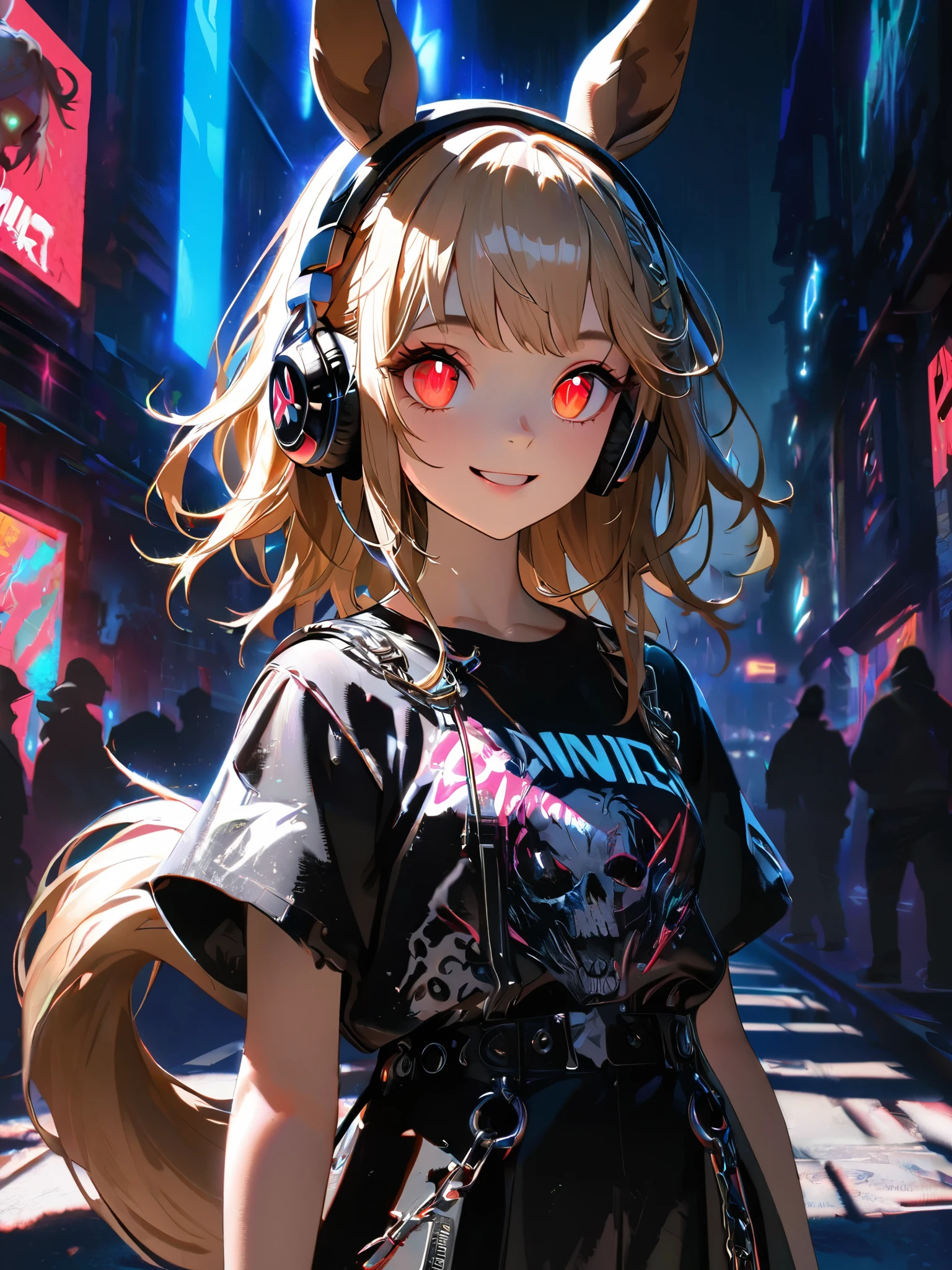 1 girl, chromatic aberration, Written boundary depth, Soft Light, masterpiece, Highest quality, complicated, Tone Mapping, Very detailed, Art Station, Concept Art, Smooth, Clear focus, Dramatic lighting, Very detailed artwork, movie, super practical painting, Art Station's trending, 8k, Incredible Shadows, practical, (Very detailed background:1.0), whole body, View, Viewers, Very detailed portrait of one girl 1, standing on street corner, Heavy rain and lightning、Dark Sky, neon and cyber punk background, she is dressed in punk clothing with silver chains and silver spikes, Her hair was dyed light brown....,The middle part is black, She is wearing headphones, Detailed red eyes with clear pupils, Ominous aura of light, smile, punk, ciber punk, Backlight.Has horse ears、There is a horse tail,Approaching the horse.No headphones needed、More Horses
