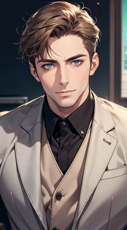 (best quality,4k,8k,highres,masterpiece:1.2),ultra-detailed,(realistic,photorealistic,photo-realistic:1.37),1 man,31 years old,mature man,very handsome,without expression,smile,short grey brown hair,blue eyes,penetrating gaze,perfect face without errors,imposing posture,businessman,office background,cinematic lighting,hdr image