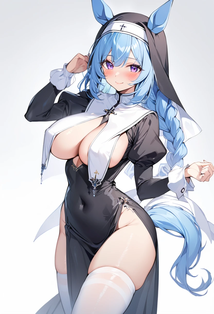 1girl, solo, long hair, breasts, looking at viewer, blush, smile, bangs, large breasts, simple background, thighhighs, long sleeves, white background, dress, animal ears, cleavage, closed mouth, blue hair, purple eyes, tail, braid, thighs, alternate costume, puffy sleeves, black dress, white thighhighs, covered navel, horse ears, juliet sleeves, horse girl, pelvic curtain, horse tail, nun, habit, ear ornament, breast curtains