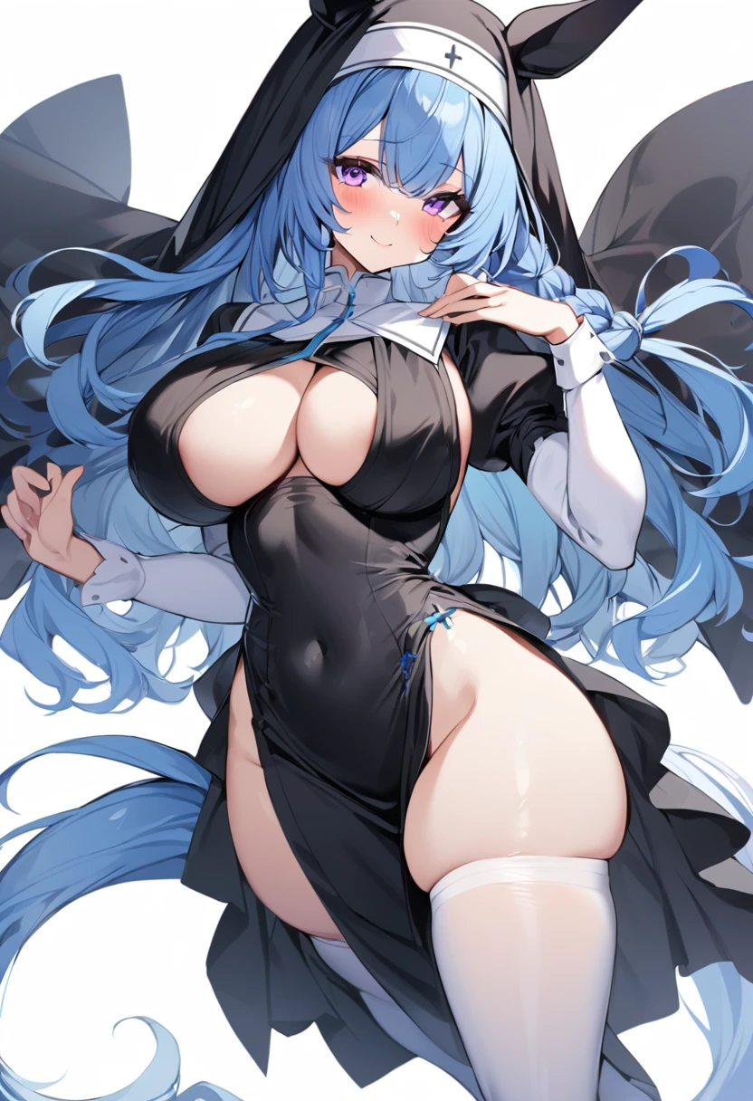 1girl, solo, long hair, breasts, looking at viewer, blush, smile, bangs, large breasts, simple background, thighhighs, long sleeves, white background, dress, animal ears, cleavage, closed mouth, blue hair, purple eyes, tail, braid, thighs, alternate costume, puffy sleeves, black dress, white thighhighs, covered navel, horse ears, juliet sleeves, horse girl, pelvic curtain, horse tail, nun, habit, ear ornament, breast curtains