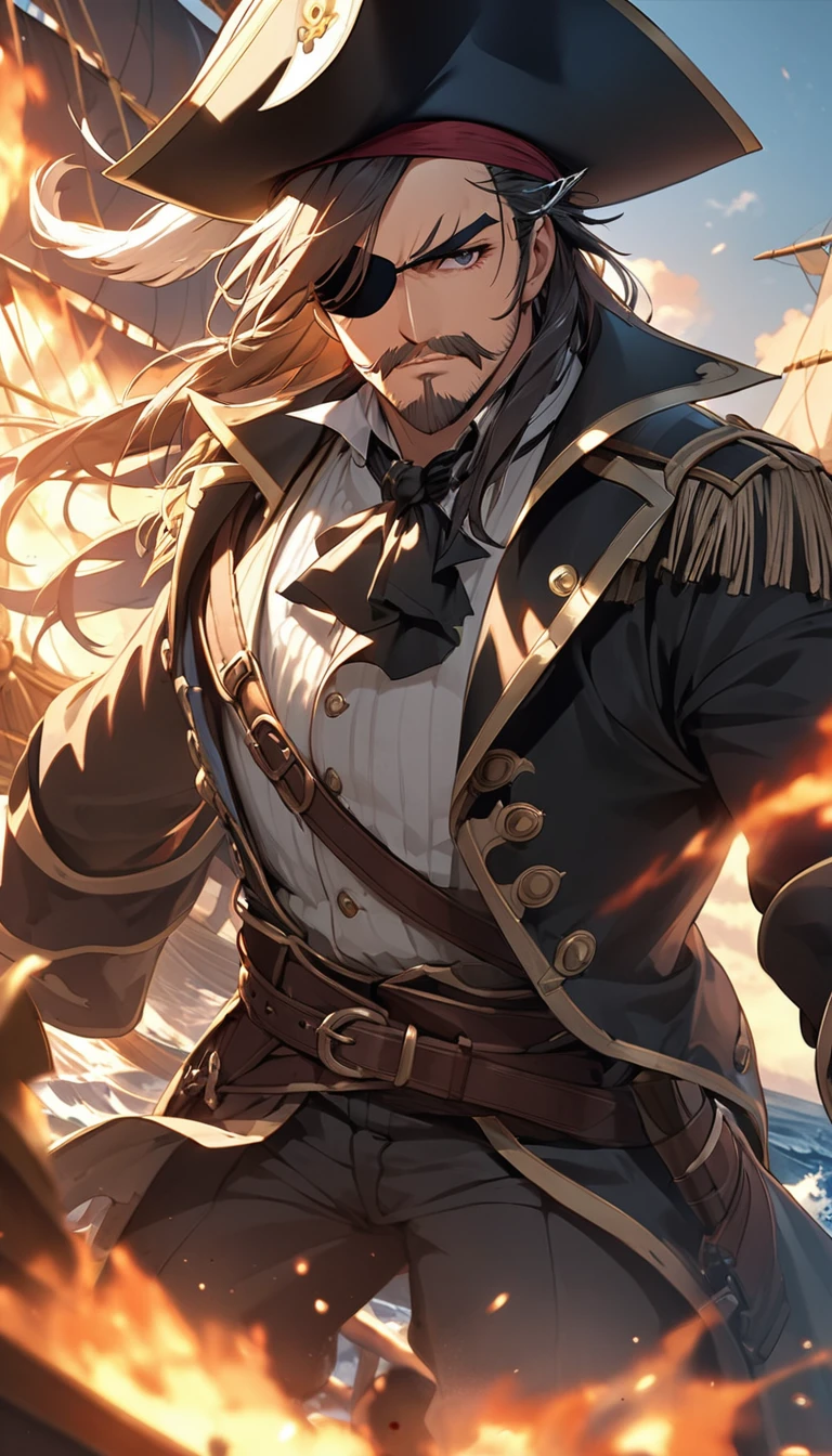 Close-up of pirate leader with rugged and handsome face,thick eyebrows,Eyes sharp and sharp.With a sword、Wearing elegant pirate costumes and a wide-brimmed three-cornered hat,One-sided eye patch adds a sense of mystery.The background is a pirate war.On the vast sea,Two plundering pirate ships are engaged in a fierce exchange of fire。Shoot from a low angle,Place the pirate ship&#39;s mast and cannon muzzle in the center of the frame.low angle shot.Beautiful and extremely fine-textured red bricks in the foreground and town in the background，detailed, bright, High definition and high quality presentation((Masterpieces in up to 16K resolution):1.6),((soft_color_photography:)1.5), ((Super detailed):1.4),((Typical static images and dynamic angles):1.3), ( perfect anatomy )Complex patterns, soft shadows, highly detailed structures, digital art, high detail,