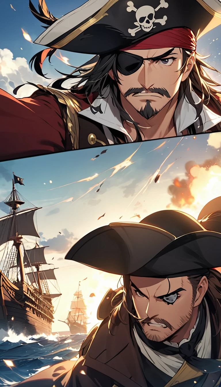 Close-up of pirate leader with rugged and handsome face,thick eyebrows,Eyes sharp and sharp.With a sword、Wearing elegant pirate costumes and a wide-brimmed three-cornered hat,One-sided eye patch adds a sense of mystery.The background is a pirate war.On the vast sea,Two plundering pirate ships are engaged in a fierce exchange of fire。Shoot from a low angle,Place the pirate ship's mast and cannon muzzle in the center of the frame.low angle shot.Beautiful and extremely fine-textured red bricks in the foreground and town in the background,detailed, bright, High definition and high quality presentation((Masterpieces in up to 16K resolution):1.6),((soft_color_photography:)1.5), ((Super detailed):1.4),((Typical static images and dynamic angles):1.3), ( perfect anatomy )Complex patterns, soft shadows, highly detailed structures, digital art, high detail,