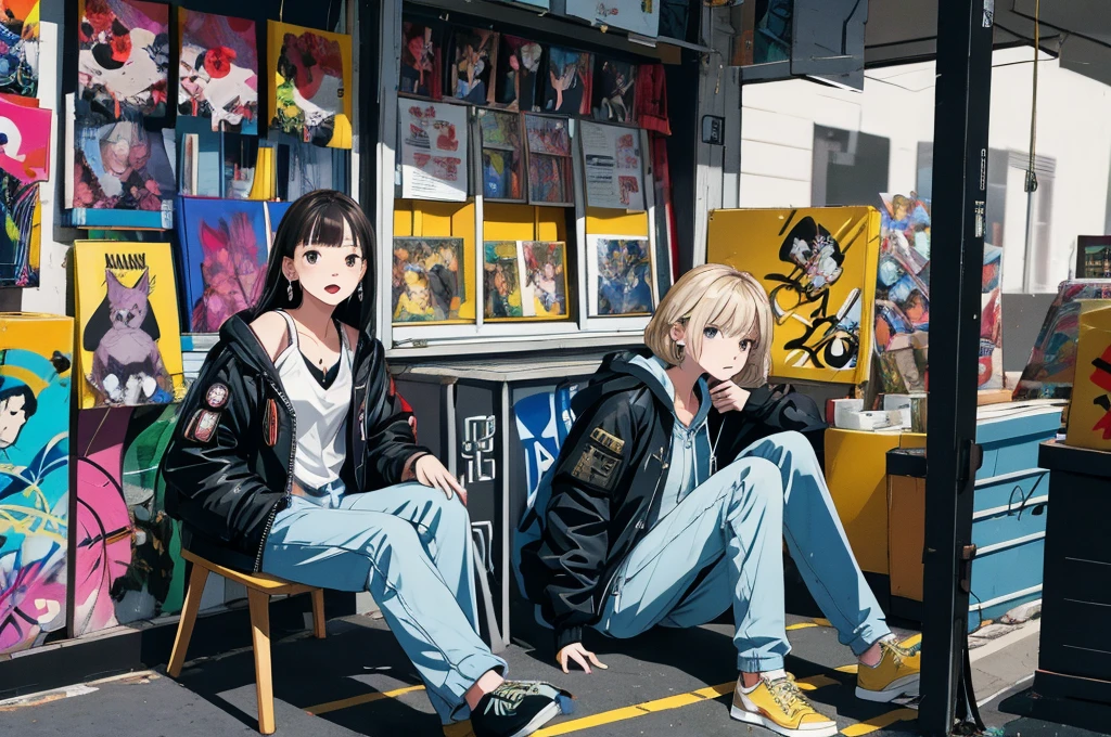 masterpiece,best quality,Solitary,1 Girl,front,Open your mouth,indoor,Low light,sit down,Open your legs,Arms down,professional,Bright skin,Bare shoulders,hoodie,long hair,Nose Ring,Dynamic hairstyle,earrings,Glamorous,sharp,Peculiar details,Background record store,Graffiti,shadow,bomber jacket,Drawstring,trousers,Additional Details,Shallow and deep,