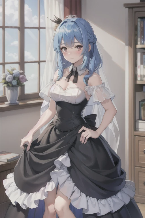 prinz eugen \(warship girls r\),1girl,solo,(8k, masterpiece:1.2),highly detailed,ultra-detailed,masterclass,hair_between_eyes,braid,perfect lighting,medium breasts,hair ornament,(detailed facial features),full body,long_hair,blush,feathers hair ornament,(dark blue wedding dress:1.2) night,windows,indoors,light,indoors,carpet,illustration,cowboy shot,masterpiece,best quality,(MediumBlue evening dress:1.2),blue long hair(delicate hair),red eyes(delicate eyes),