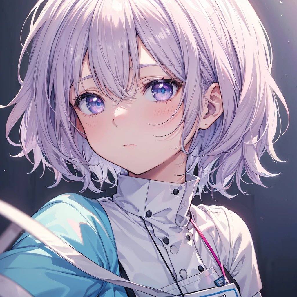 Nursing Aide Jobs. high resolution and detailed depiction. Please create an anime-style illustration of a young nurse aide. She has soft, wavy short hair in a silver color with a subtle pink-purple tint. Her eyes are large, expressive, and blue, with a gentle yet serious expression. She is wearing light blue or white scrubs with a name tag.
