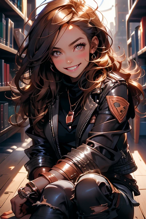 Perfect face. Perfect hands. A brown haired woman with copper eyes and an hourglass figure in a black leather jacket and ripped jeans is sitting in a library with a big smile