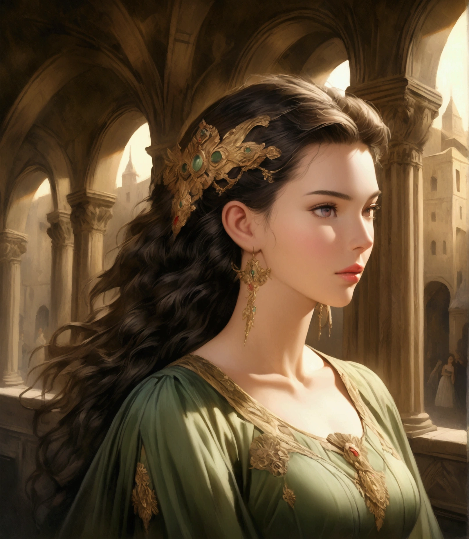 a woman standing in a long green dress,detailed face,beautiful eyes,beautiful lips,detailed hair,elegant pose,serene expression,photorealistic,highly detailed,cinematic lighting,vibrant colors,realistic fabric,Renaissance art style
