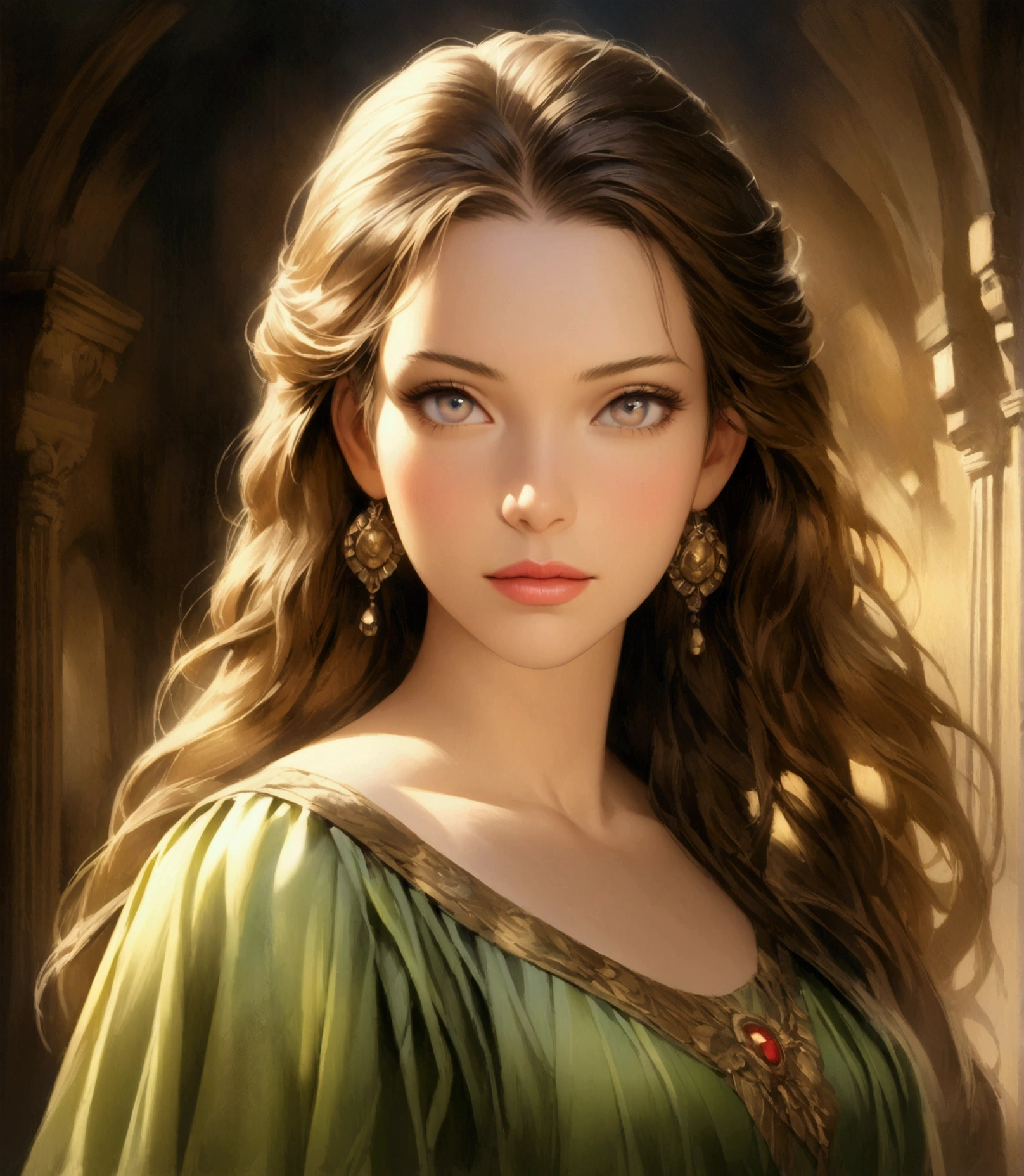 a woman standing in a long green dress,detailed face,beautiful eyes,beautiful lips,detailed hair,elegant pose,serene expression,photorealistic,highly detailed,cinematic lighting,vibrant colors,realistic fabric,Renaissance art style