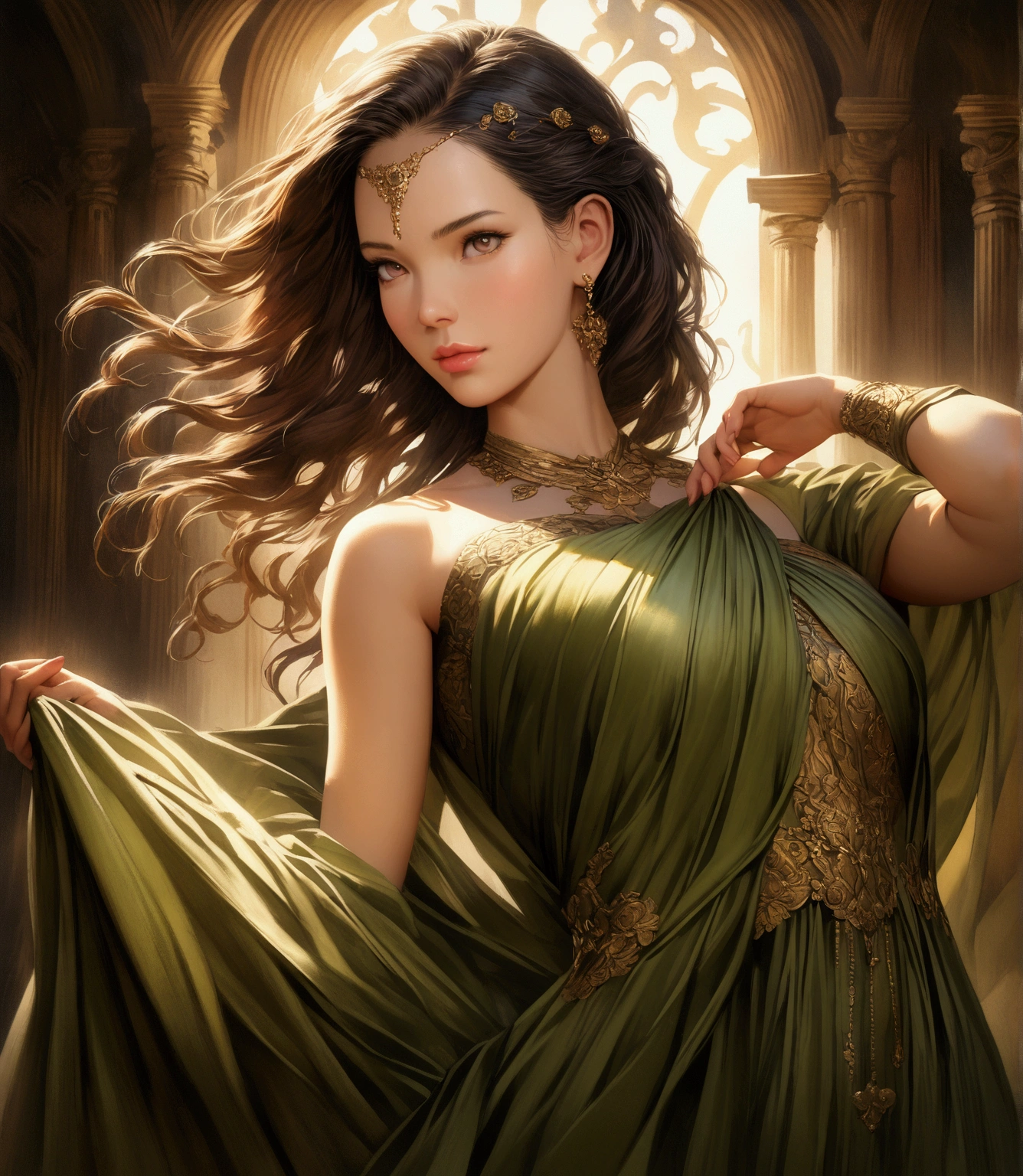 a woman standing in a long green dress,detailed face,beautiful eyes,beautiful lips,detailed hair,elegant pose,serene expression,photorealistic,highly detailed,cinematic lighting,vibrant colors,realistic fabric,Renaissance art style