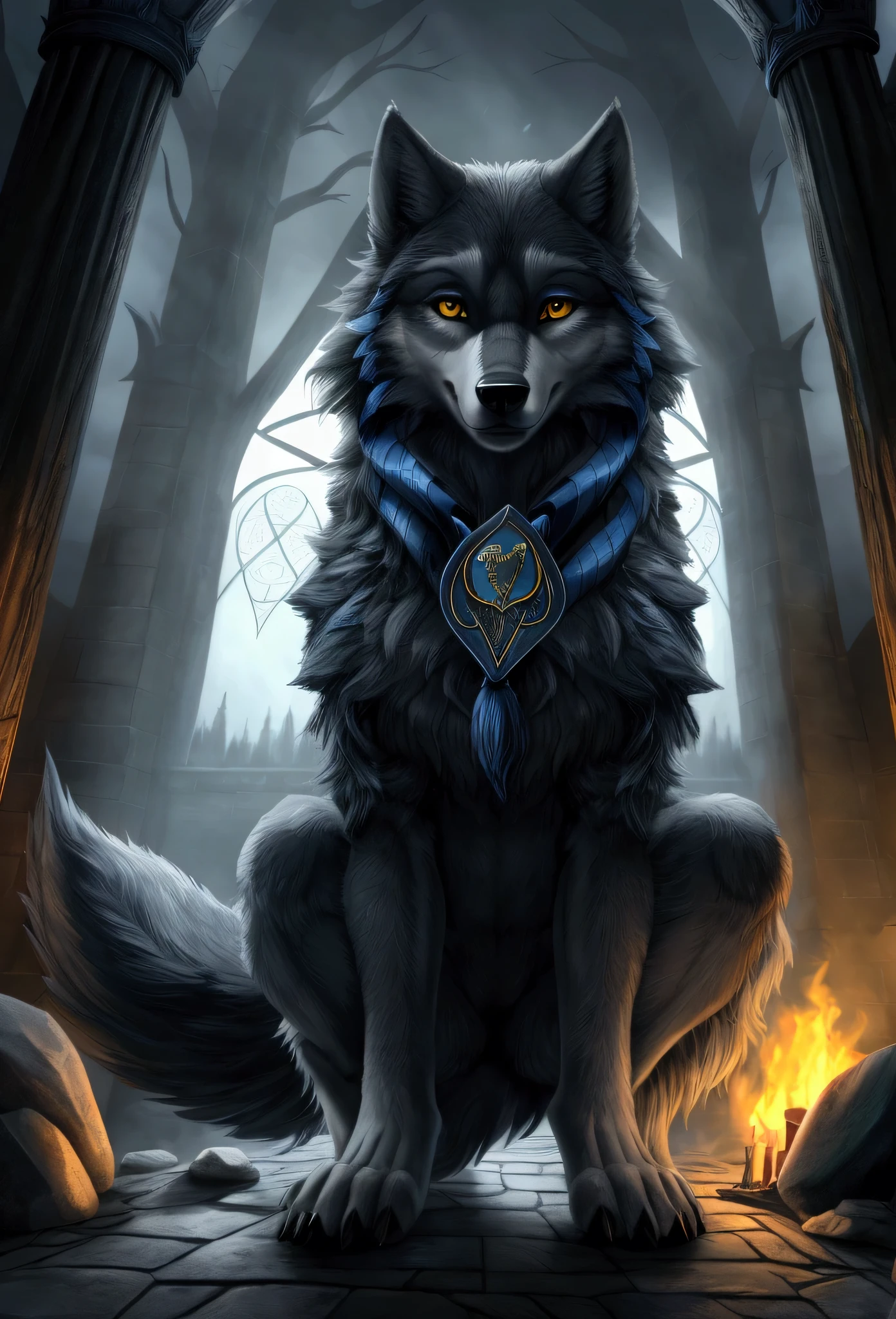 (by Hyoshiru), from down-kevlar, (wolf:1.4), ((wild)), (quadruped), 8 K, 4K, 2 thousand., detailed, difficult, (female), ((One)), (masterpiece), Best quality, (detailed eyes:1.4), nsfv, (Pigs), (photorealistic), Hogwarts, Harry Potter, (((Ravenclaw))), uploaded to e621, Castle, light fur on belly, (gray fur)), Golden eyes, (Fluffy tail), skinny, Long legs, Dog paws, smiling, long ears, long muzzle, crazy house-anime style, Dark forest, night lighting, anatomically correct dog, Correct anatomy, squatting, head up