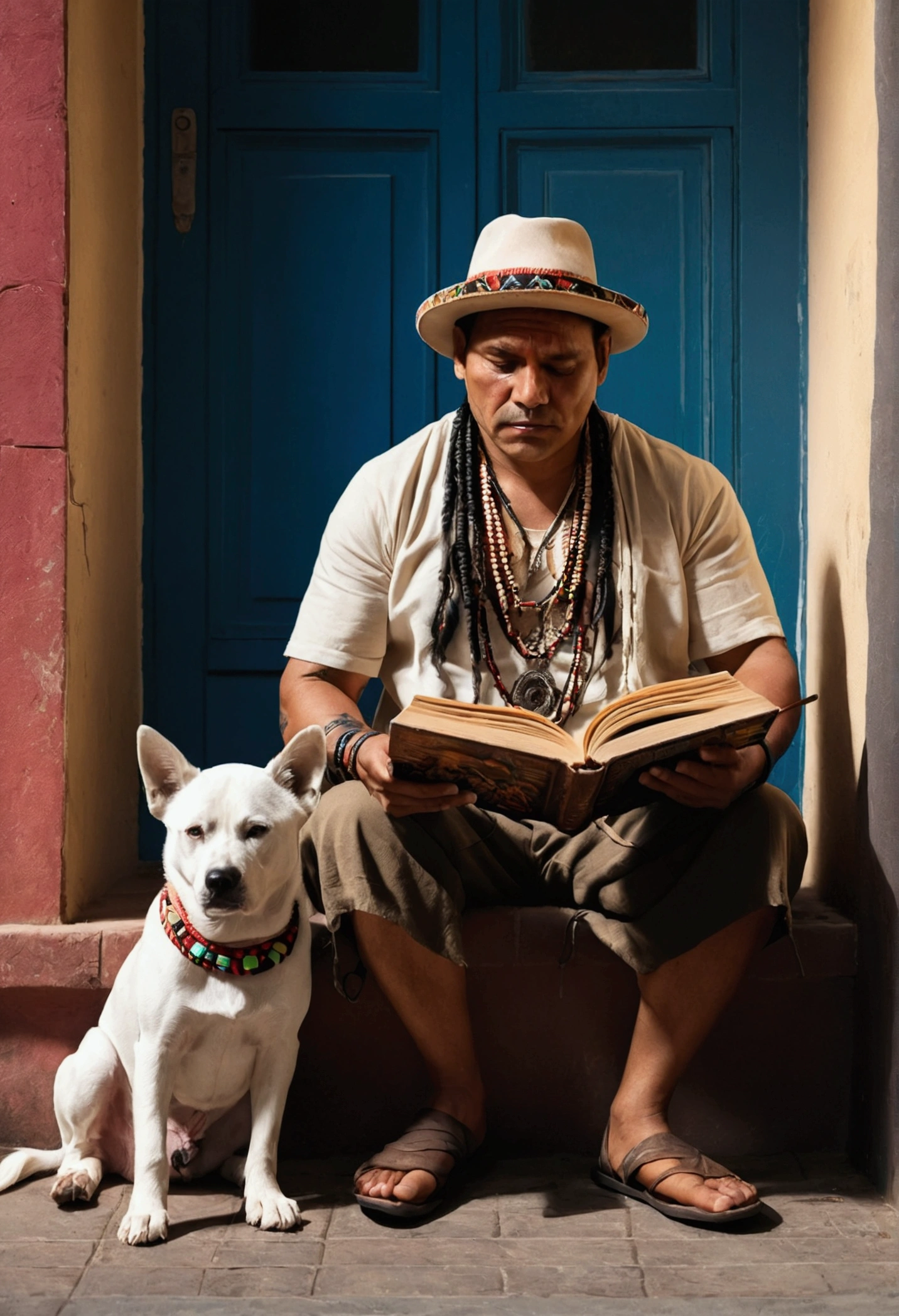 adult man reading one book, with dog by his side, indigenous man, indigenous acessories, street style clothes and face war painting