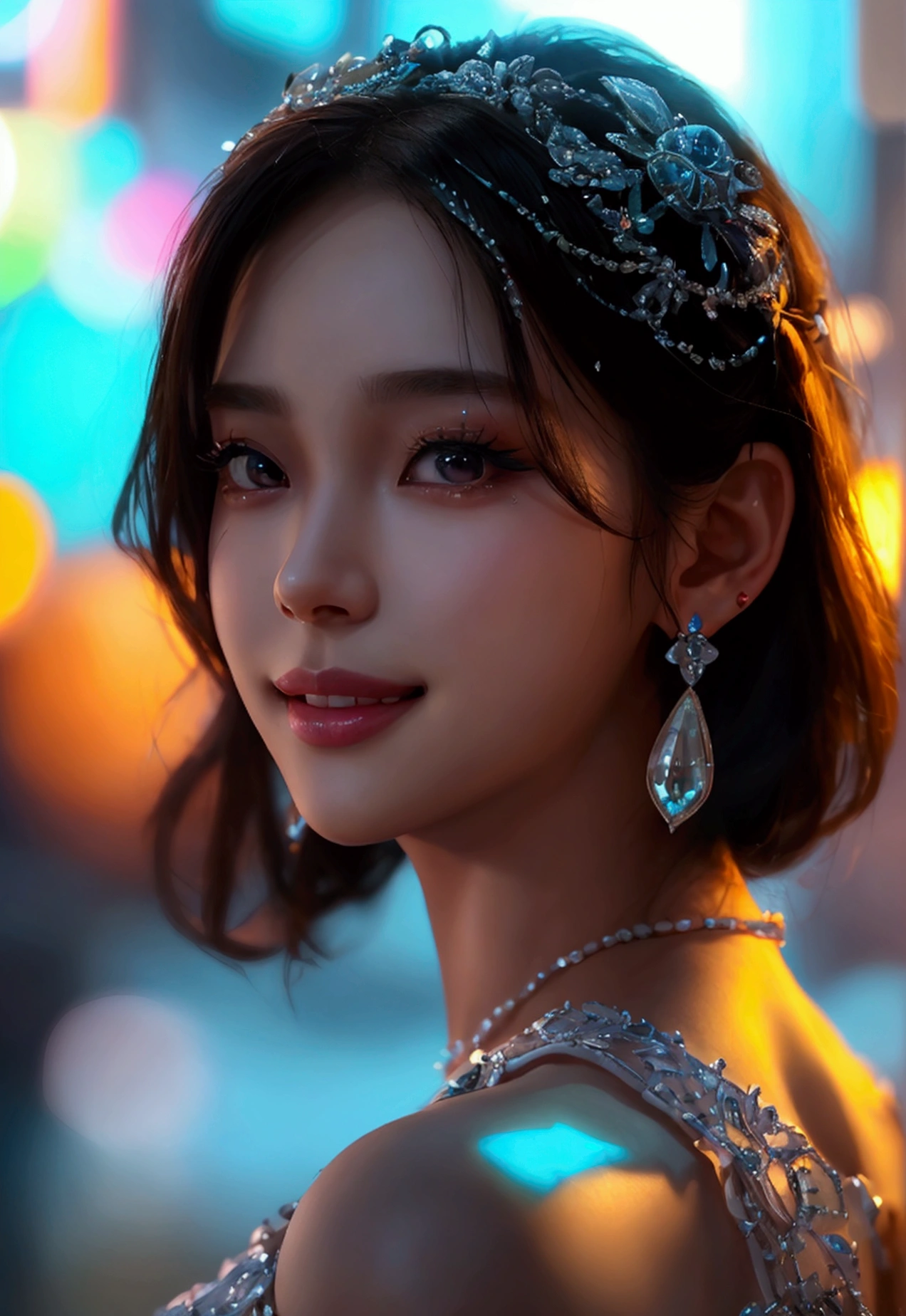 8K, Masterpiece, RAW image, Best quality, Realistic, Photorealistic, Highly detailed 8k CG unity wallpaper, Depth of field, Cinematic lighting, Lens flare, Ray tracing, (Very beautiful face, Beautiful lips, Beautiful eyes), Intricately detailed face, ((Very detailed skin)) 1 girl, In the dark, Deep shadows, Beautiful korean girl, Kpop idol, (Slender and muscular body: 1.3), ((Looking at the viewer)), (Wide smile: 1.3), (Night, (Neon sign), (Blurred background), Large building, Midnight, Beautiful girl, White diamond earrings, Bracelet, Necklace, Clear eyes, Walking, Frontal shot, (Pale skin), Facing forward, (Big eyes), Full body shot, ((Beautiful fantasy empress). Inspired by Sim Sa-jeong, Azure detailed hair, Winter princess, LCE princess, Artwork by Guvez-Steville, 8K), (Views: 1.3), Very slim, big round chest, medium chest under dress, Hermes bag, hair tied up, short hair, medium butt, beautiful slender thighs, high heels, beautiful legs, full body, very cute, cool pose, sexy angle.