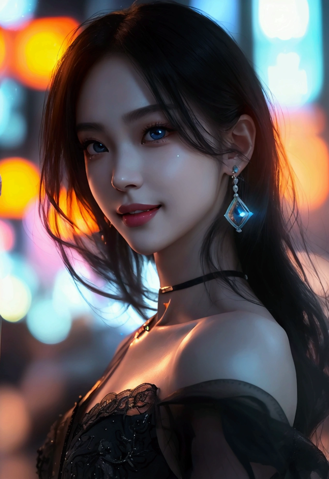 8K, Masterpiece, RAW image, Best quality, Realistic, Photorealistic, Highly detailed 8k CG unity wallpaper, Depth of field, Cinematic lighting, Lens flare, Ray tracing, (Very beautiful face, Beautiful lips, Beautiful eyes), Intricately detailed face, ((Very detailed skin)) 1 girl, In the dark, Deep shadows, Beautiful korean girl, Kpop idol, (Slender and muscular body: 1.3), ((Looking at the viewer)), (Wide smile: 1.3), (Night, (Neon sign), (Blurred background), Large building, Midnight, Beautiful girl, White diamond earrings, Bracelet, Necklace, Clear eyes, Walking, Frontal shot, (Pale skin), Facing forward, (Big eyes), Full body shot, ((Beautiful fantasy empress). Inspired by Sim Sa-jeong, Azure detailed hair, Winter princess, LCE princess, Artwork by Guvez-Steville, 8K), (Views: 1.3), Very slim, big round chest, medium chest under dress, Hermes bag, hair tied up, short hair, medium butt, beautiful slender thighs, high heels, beautiful legs, full body, very cute, cool pose, sexy angle.