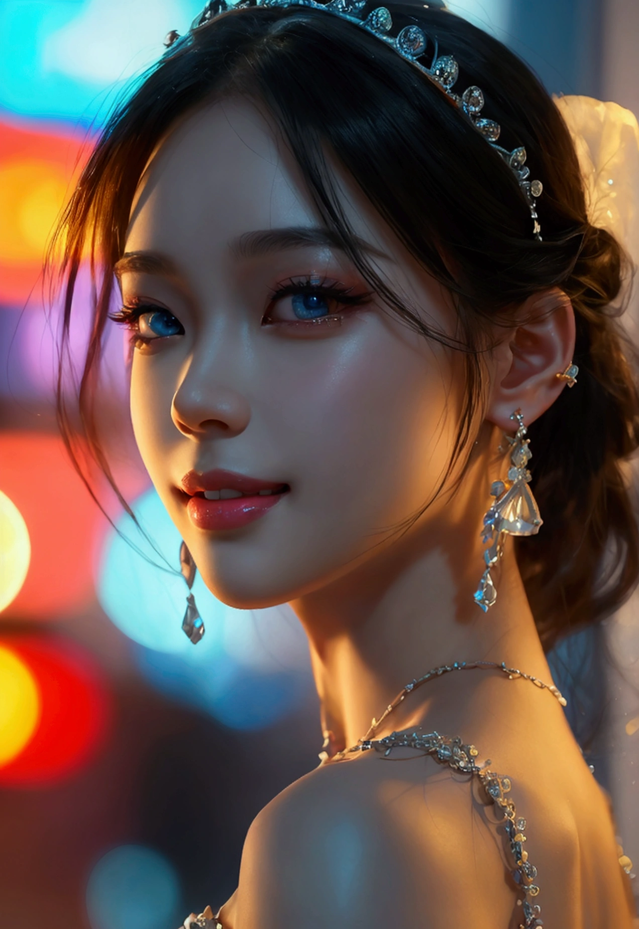 8K, Masterpiece, RAW image, Best quality, Realistic, Photorealistic, Highly detailed 8k CG unity wallpaper, Depth of field, Cinematic lighting, Lens flare, Ray tracing, (Very beautiful face, Beautiful lips, Beautiful eyes), Intricately detailed face, ((Very detailed skin)) 1 girl, In the dark, Deep shadows, Beautiful korean girl, Kpop idol, (Slender and muscular body: 1.3), ((Looking at the viewer)), (Wide smile: 1.3), (Night, (Neon sign), (Blurred background), Large building, Midnight, Beautiful girl, White diamond earrings, Bracelet, Necklace, Clear eyes, Walking, Frontal shot, (Pale skin), Facing forward, (Big eyes), Full body shot, ((Beautiful fantasy empress). Inspired by Sim Sa-jeong, Azure detailed hair, Winter princess, LCE princess, Artwork by Guvez-Steville, 8K), (Views: 1.3), Very slim, big round chest, medium chest under dress, Hermes bag, hair tied up, short hair, medium butt, beautiful slender thighs, high heels, beautiful legs, full body, very cute, cool pose, sexy angle.