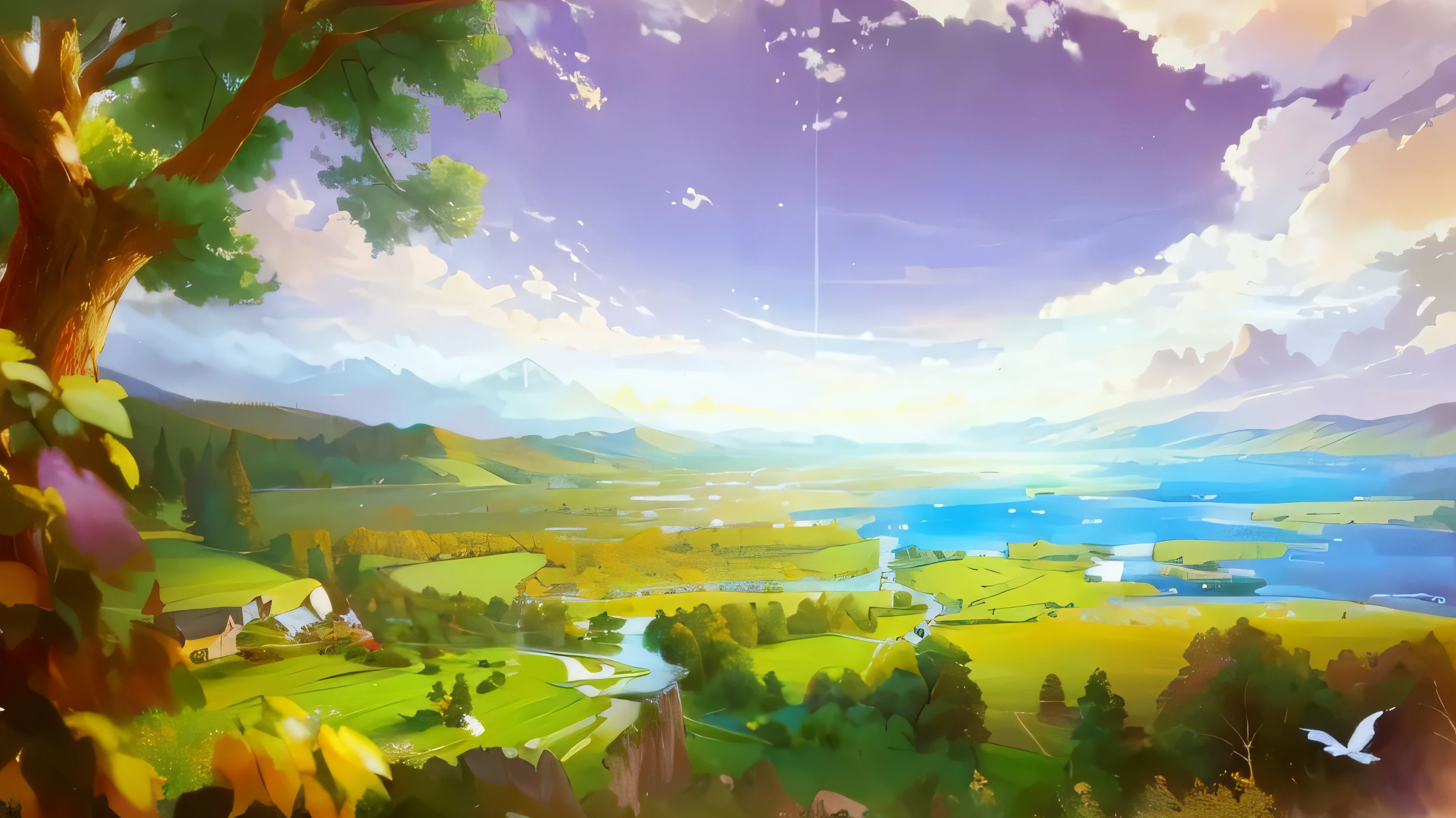 A beautiful landscape painting with a lake and trees, dusk,Sunset,Tune,warm color