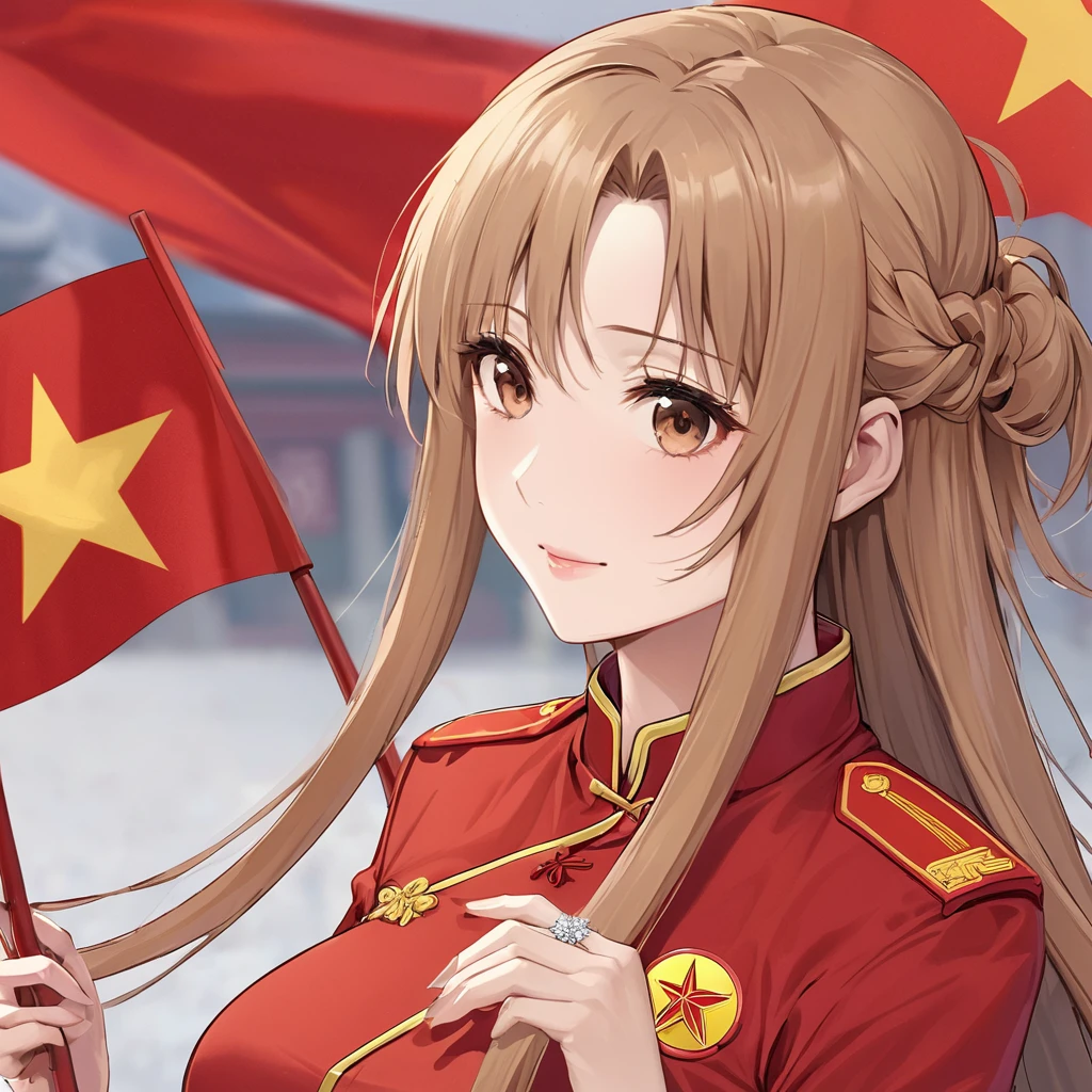 ((Highest quality)), ((masterpiece)), (detailed), (Perfect Face)、The woman is Chinese, Yuuki Asuna, a Chinese woman with light brown, medium-long hair and an engagement ring. She is a member of the glorious Chinese Communist Party and has sworn absolute loyalty to the Chinese Communist Party. She is a righteous Chinese Communist Party member and the wife of a great Communist Party official.、The woman is beautifully dressed in the khaki Mao suit of the Chinese Communist Party.、For the sake of China, their hairstyles, clothes, and everything they wear are all Chinese Communist Party items, and their thoughts are also Chinese, becoming great Chinese in body and mind.、The woman became Yuuki Asuna, a Chinese woman who is proud of and loves China.、She is serving China as a member of the great Communist Party of China.、The woman is a beautiful, respectable and exemplary Communist Party member.