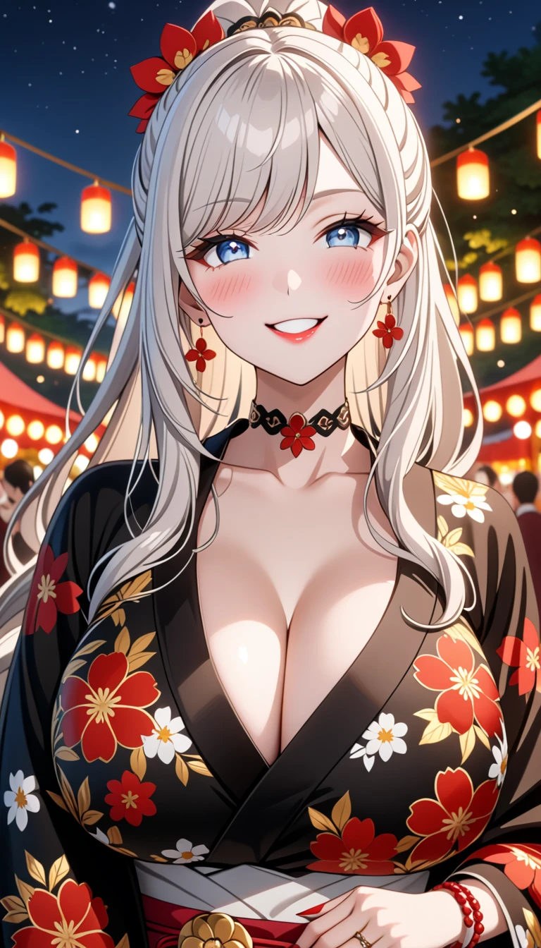 ultra-detailed, ((one girl)), (pale skin:1.4),  (portrait),  fair-skinned gyaru, ((Girl in black kimono)),  (heavy makeup), hyper detailed, absurdres, 8k, Beautiful Face, (Laugh shyly), ((teasing smile:1.2)), ((happy smile:1.4)), ((Wink:1.4)), ((one eye closed:1.3)), (Laugh with your mouth wide open), ((Tilt your face:1.6)), View your viewers, ((full-face blush:1.3)), Glossy Red Lips, ((huge breasts:1.6)), summer, night, Small park, Festival Venue, ((Anime style background)),masterpiece, Highest quality, Latest, Complex details, ((red long nail:1.2)), (ring),(bracelet), (Floral Choker),AI-generated, Complex,High resolution, Highest quality, super high quality,3D Images、3D Images,One person, (Silver White hair),Long Hair, (White high ponytail), (wavy hair:1.3)), Anime woman posing for a photo, ((Eyes with detailed pupils、blue eyes、glowing eyes:1.3)), (Squint your eyes:1.1),a hyperRealistic , hyperRealistic , Realistic,Anime woman with long white hair, Smooth anime CG art, ((A girl in a gorgeous black kimono:1.2)), ((black furisode:1.3)),Gold embroidery, (Large floral pattern in red color), (Long red flower hair ornament),(big floral earrings), Mature Body, tall,Narrow waist, (extreme close-up shot), 