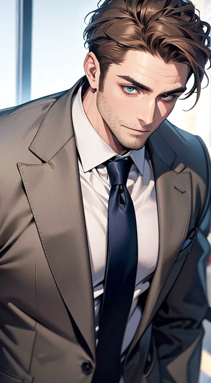(best quality,4k,8k,highres,masterpiece:1.2),ultra-detailed,(realistic,photorealistic,photo-realistic:1.37),1 man,31 years old,mature man,very handsome,without expression,smile,short grey brown hair,blue eyes,penetrating gaze,perfect face without errors,imposing posture,businessman,office background,cinematic lighting,hdr image