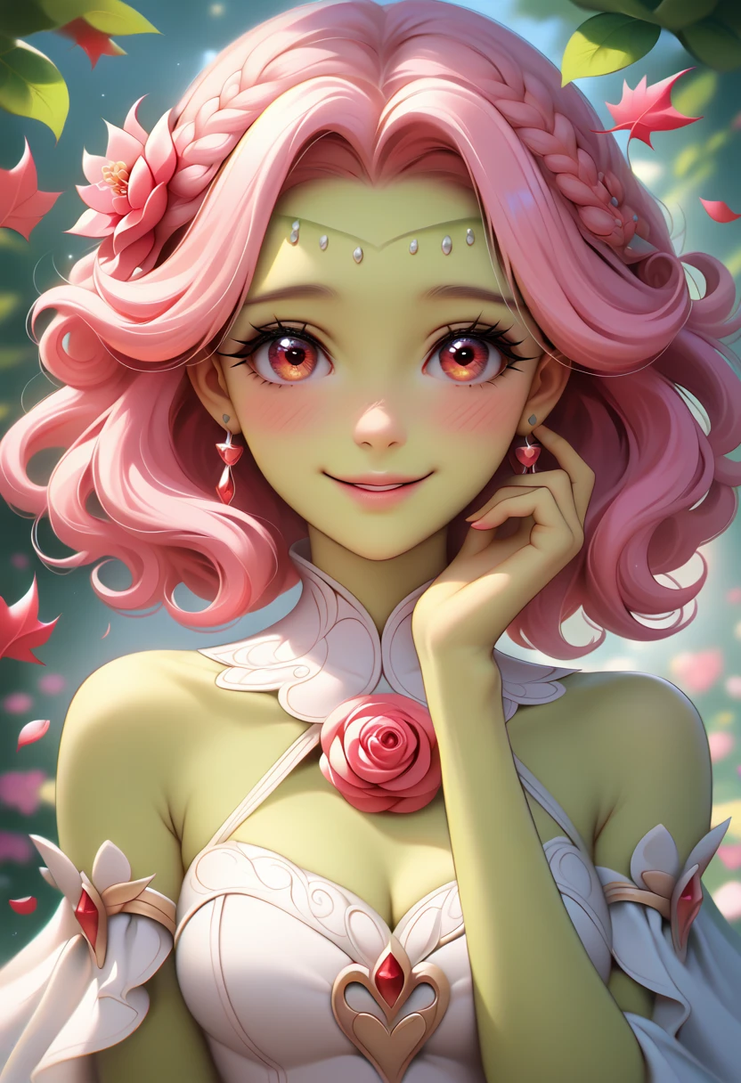 Anime-style Plant Girl with vibrant green skin, Pink hair cascading like flowers, Leaves visibly adorning your body, Exuding an extremely sexy allure, Cute character with captivating red eyes, and a smile that could hypnotize a thousand hearts. This captivating work of art, a masterpiece in anime aesthetics, shows details in high definition, from its anatomically correct features to the intricate leaf patterns along its body. The red irises of your eyes, shining with an otherworldly charm, add a touch of mystery to your charming smile. This beautiful character, bathed in a gentle, cinematic light,