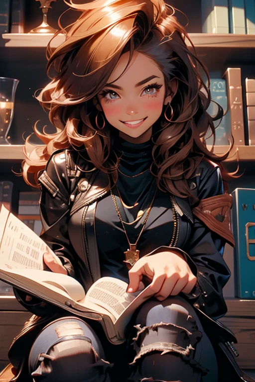 Perfect face. Perfect hands. A brown haired woman with copper eyes and an hourglass figure in a black leather jacket and ripped jeans is reading a book in library with a big smile