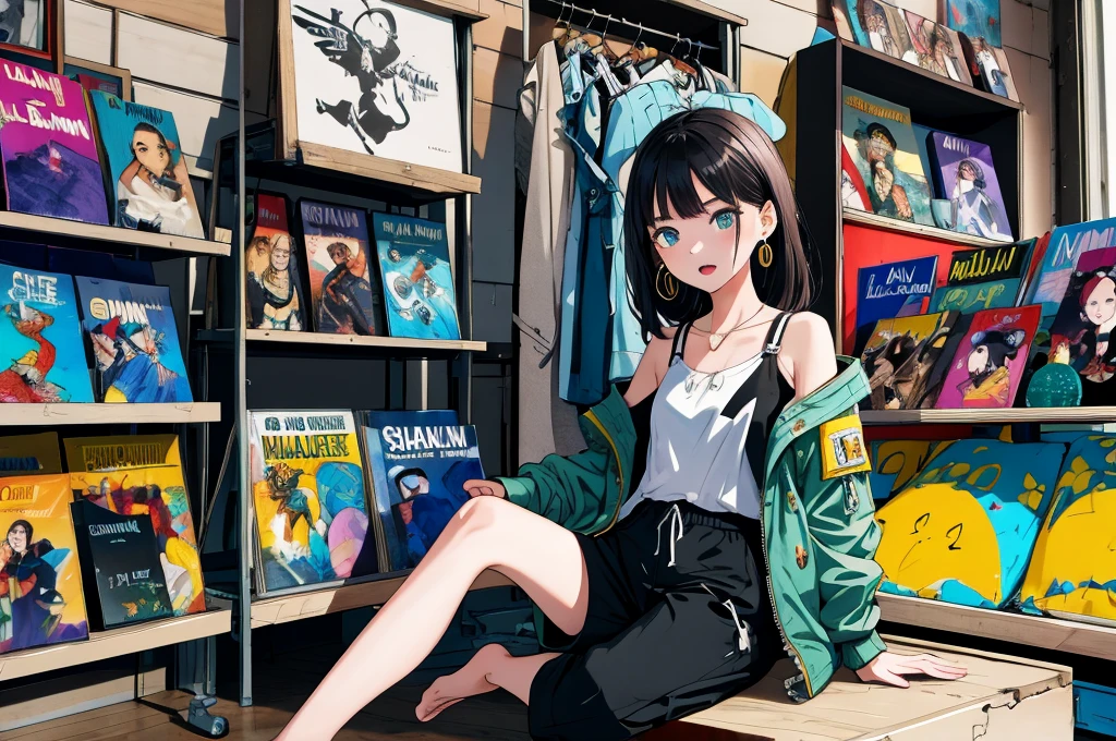 masterpiece,best quality,Solitary,1 Girl,front,Open your mouth,indoor,Low light,sit down,Open your legs,Arms down,professional,Bright skin,Bare shoulders,hoodie,long hair,Nose Ring,Dynamic hairstyle,earrings,Glamorous,sharp,Peculiar details,Background record store,Graffiti,shadow,bomber jacket,Drawstring,trousers,Additional Details,Shallow and deep,