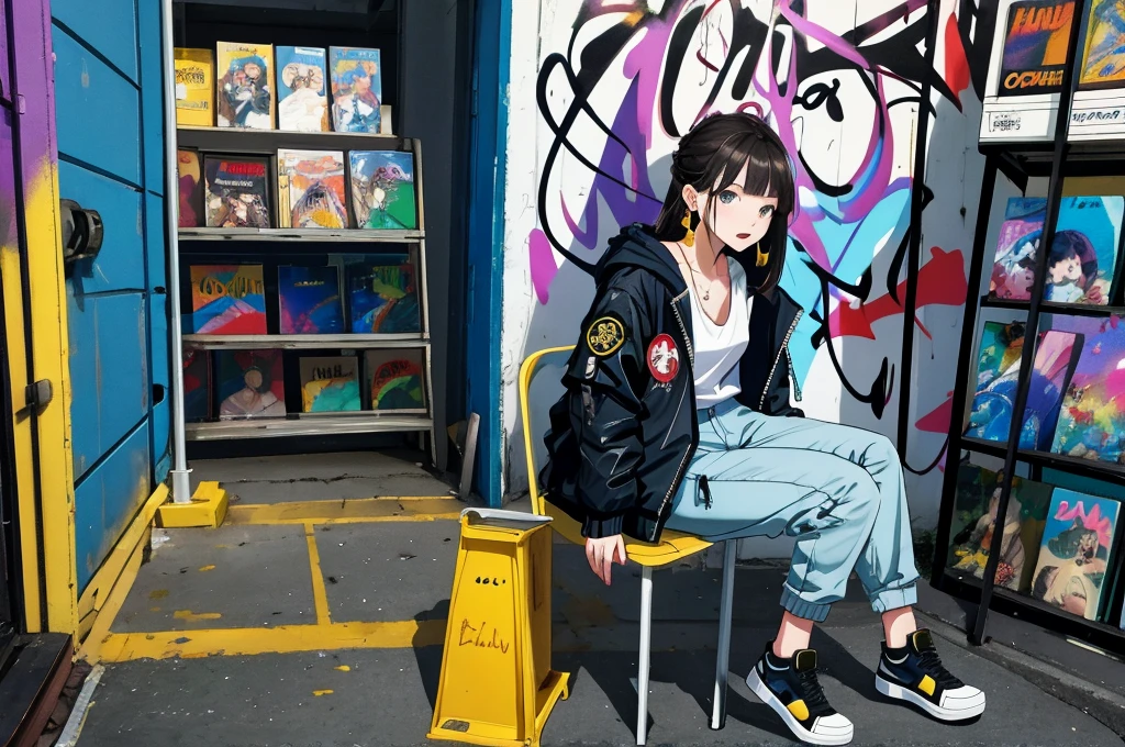 masterpiece,best quality,Solitary,1 Girl,front,Open your mouth,indoor,Low light,sit down,Open your legs,Arms down,professional,Bright skin,Bare shoulders,hoodie,long hair,Nose Ring,Dynamic hairstyle,earrings,Glamorous,sharp,Peculiar details,Background record store,Graffiti,shadow,bomber jacket,Drawstring,trousers,Additional Details,Shallow and deep,