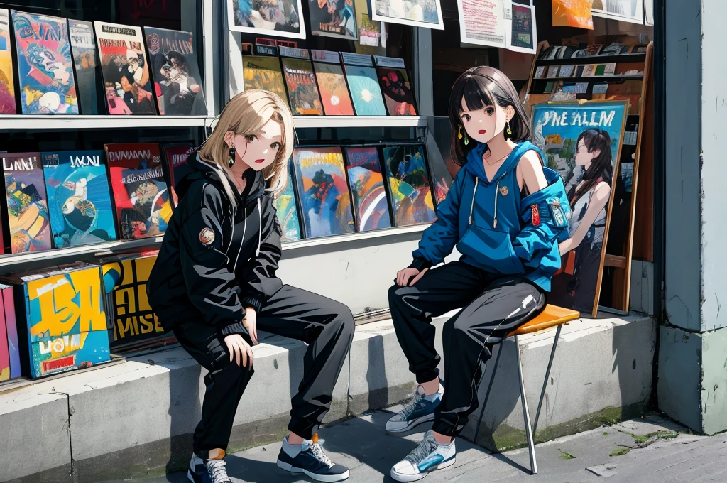masterpiece,best quality,Solitary,1 Girl,front,Open your mouth,indoor,Low light,sit down,Open your legs,Arms down,professional,Bright skin,Bare shoulders,hoodie,long hair,Nose Ring,Dynamic hairstyle,earrings,Glamorous,sharp,Peculiar details,Background record store,Graffiti,shadow,bomber jacket,Drawstring,trousers,Additional Details,Shallow and deep,