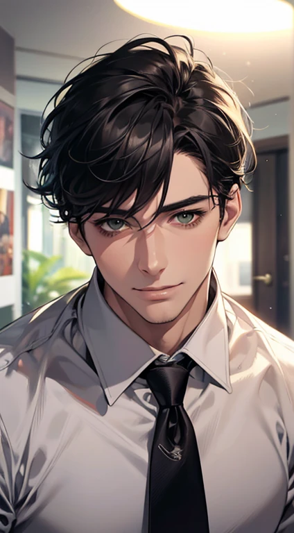 (Highest quality,4K,8K,High resolution,masterpiece:1.2),Super detailed,(Realistic,photoRealistic,photo-Realistic:1.37),1 person,34 years old,Mature Men,Beautiful skin、very handsome,Expressionless smile in love,Short gray black hair,green eyes,Sharp Eyes,A perfect face without a doubt,Businessman, CEO, Office Background,Cinema Lighting,HDR image,tie、
