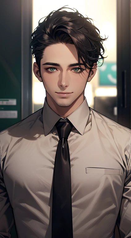 (Highest quality,4K,8K,High resolution,masterpiece:1.2),Super detailed,(Realistic,photoRealistic,photo-Realistic:1.37),1 person,34 years old,Mature Men,Beautiful skin、very handsome,Expressionless smile in love,Short gray black hair,green eyes,Sharp Eyes,A perfect face without a doubt,Businessman, CEO, Office Background,Cinema Lighting,HDR image,tie、