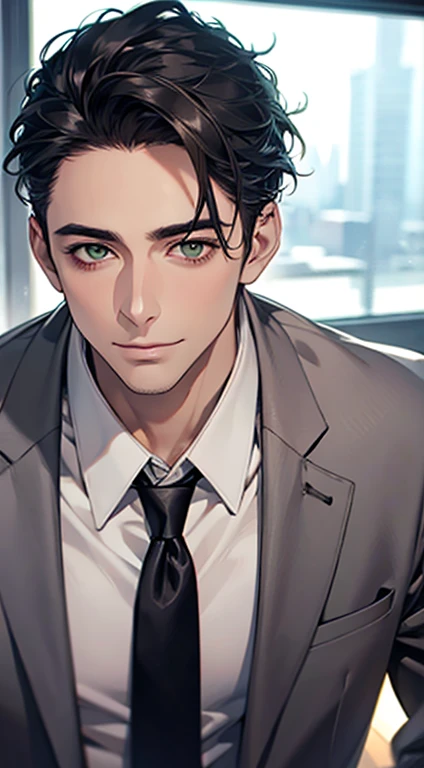 (Highest quality,4K,8K,High resolution,masterpiece:1.2),Super detailed,(Realistic,photoRealistic,photo-Realistic:1.37),1 person,34 years old,Mature Men,Beautiful skin、very handsome,Expressionless smile in love,Short gray black hair,green eyes,Sharp Eyes,A perfect face without a doubt,Businessman, CEO, Office Background,Cinema Lighting,HDR image,tie、