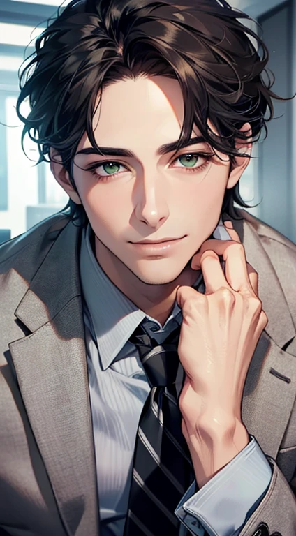 (Highest quality,4K,8K,High resolution,masterpiece:1.2),Super detailed,(Realistic,photoRealistic,photo-Realistic:1.37),1 person,34 years old,Mature Men,Beautiful skin、very handsome,Expressionless smile in love,Short gray black hair,green eyes,Sharp Eyes,A perfect face without a doubt,Businessman, CEO, Office Background,Cinema Lighting,HDR image,tie、