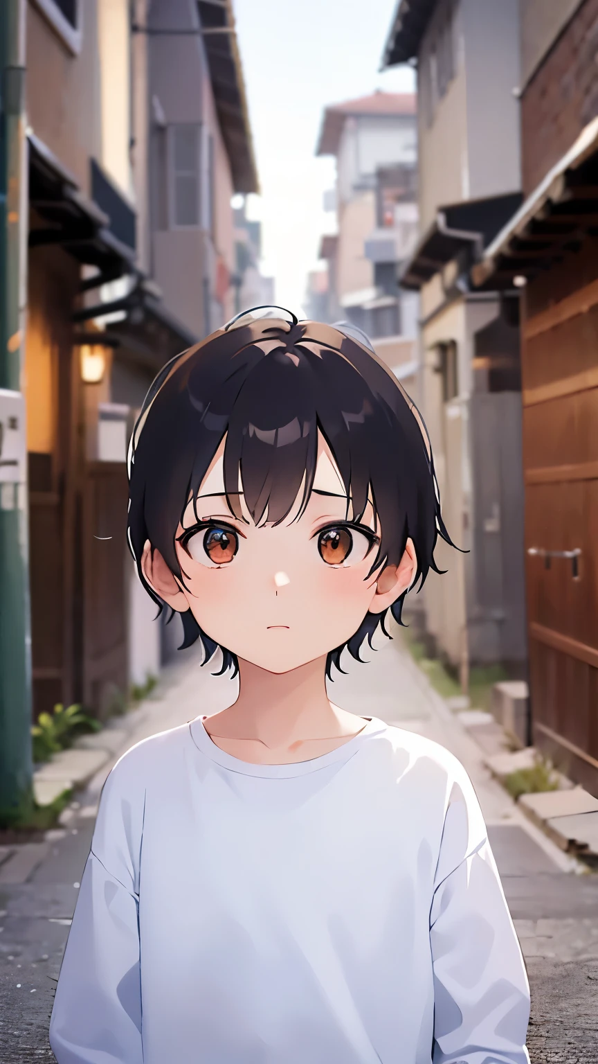 （looking away:1.5）,Upper Body, 
child、masterpiece、Highest quality、 (Short hair with brown bangs) and (Orange eyes) and (5 year old boy:1.5)、Boy,
（White long sleeve shirt）、
scared, Are standing、The background is a back alley at night、The upper body is shown、Alone、