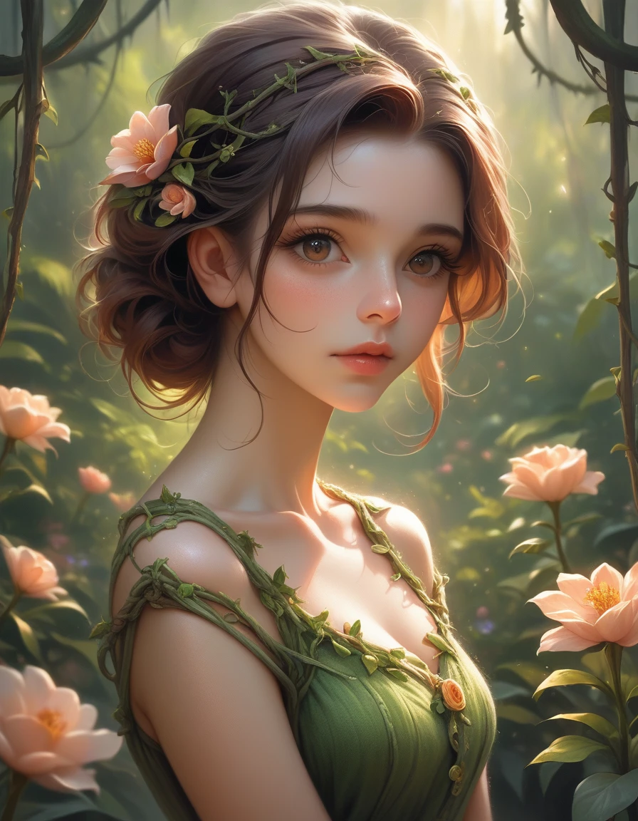 a cute girl in a green dress, standing in a lush rainforest at dusk, detailed face, beautiful eyes, long eyelashes, delicate features, soft skin, flowers and vines in the background, warm golden lighting, cinematic mood, detailed foliage, depth of field, photorealistic, 8k, masterpiece