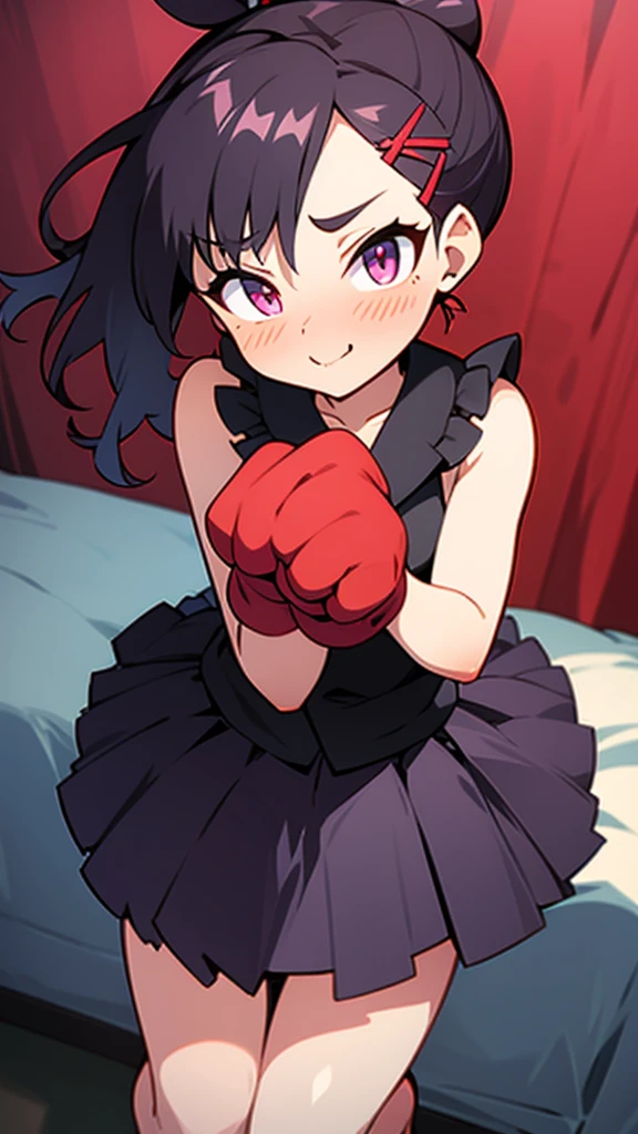 High tail hairstyle, Ponytail hairstyle, Long wavy black hair, standing posing, anime girl style, pixel art anime style,penetrating look with deep eyes,red and purple eyes, hair with a ponytail hairstyle trapped with a big red bun, women, red hair clips, x color shaped hair clips , smiling face blush, next to his bed, Skirt, tank top, Black hair, big thighs, NSFW, Skirt fluttering in the wind, perfect panty, from above, viento levantando su Skirt haciendo que se le vea el panty, hands in fist , Skirt fluttering in the wind, Skirt levantada,