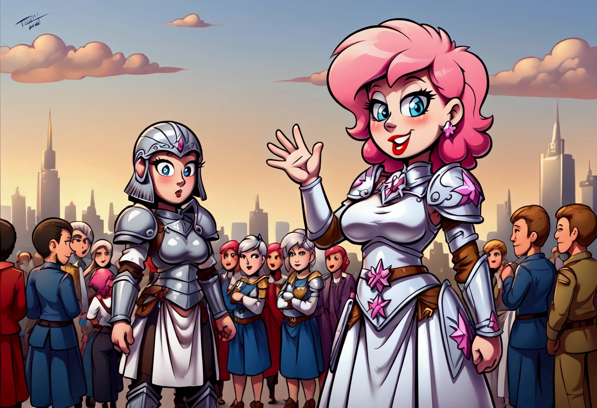 A giantess warrior princess with short pink hair, silver armor. She roams her small city waving hi to her small people 