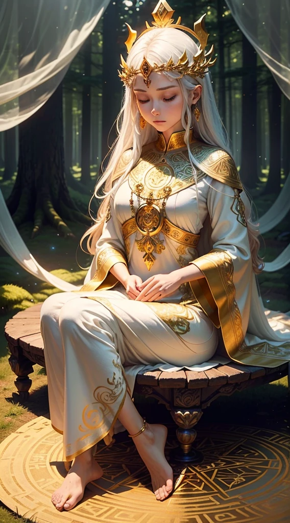 Create an image of a mystical figure meditating in a serene forest setting. The figure should be dressed in elaborate, gold-embroidered white robes and adorned with mystical symbols and jewelry. They should be sitting cross-legged on the forest floor, surrounded by golden geometric patterns and pentagrams. The overall atmosphere should be calm and ethereal, with soft lighting filtering through the trees."