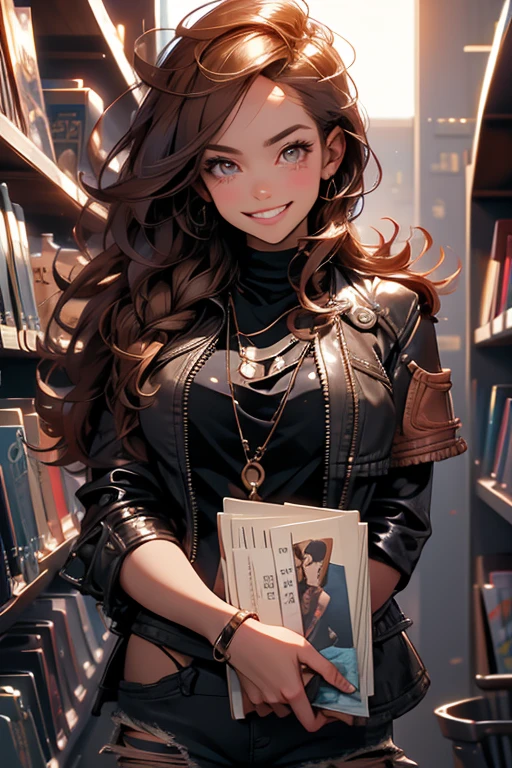 Perfect face. Perfect hands. A brown haired woman with copper eyes and an hourglass figure in a black leather jacket and ripped jeans is picking a book off the shelf with a big smile