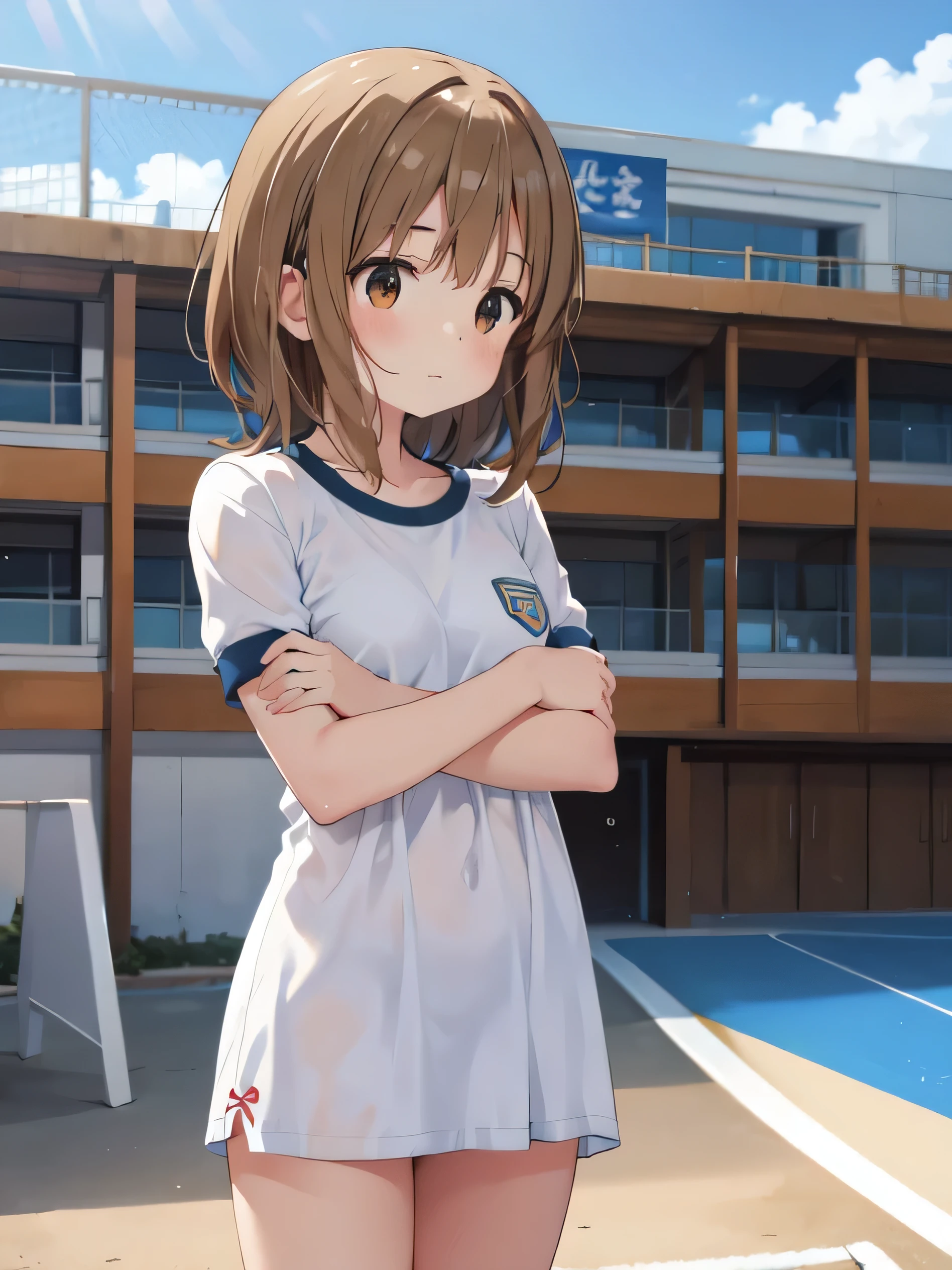 1 woman,brown hair, short hair, idolmaster hagiwara yukiho,17 year old girl, hagiwara yukiho, white one piece dress,face focus,face close up,from the side,looking at viewer, in school,after school, shiny, multi color gradient, beautiful sky, lovley, deep digital painting layer, soft ambient lighting,vivid colors,chest concentration, gym uniform,idolmaster stalit season yukiho, Super cute, very beautiful,beautiful background,realistic photo,Very detailed,짧은 의상