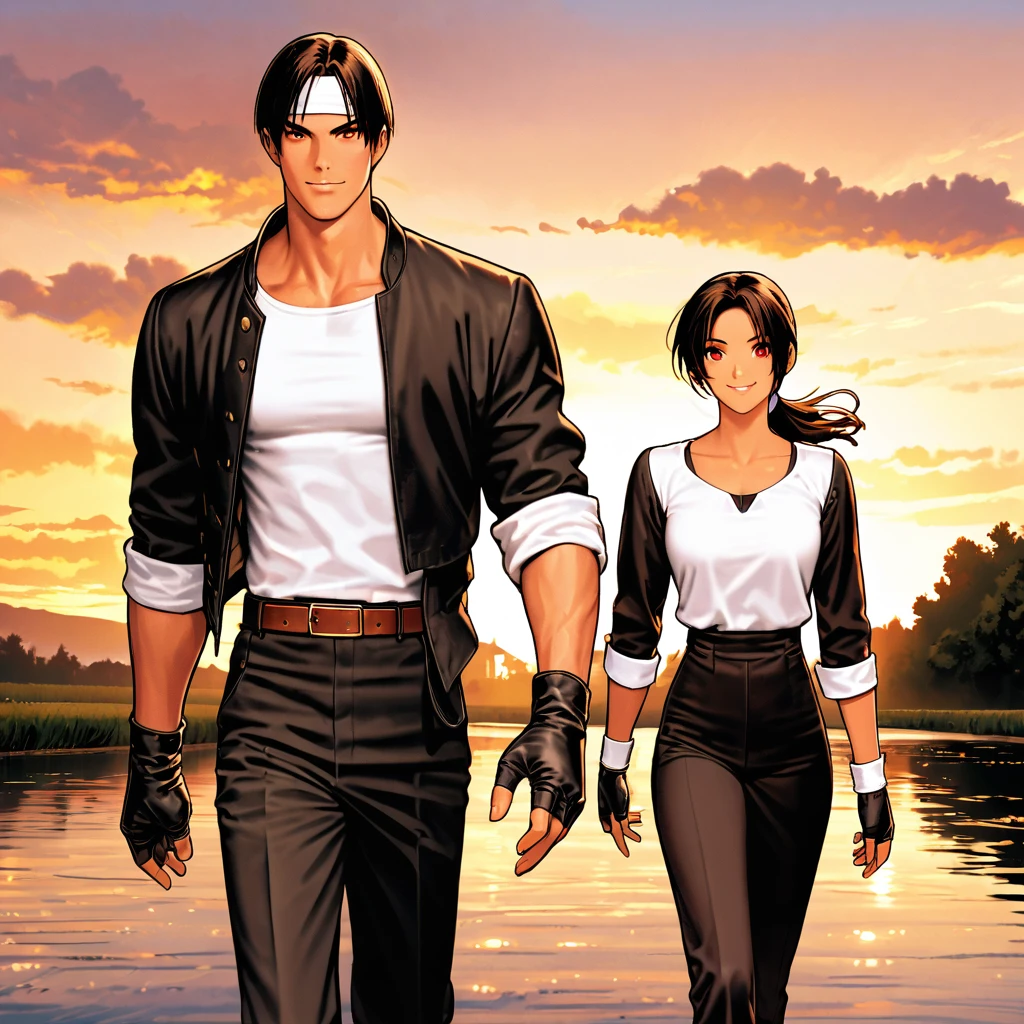 Orochio, dark skin, two people, red eyes, black jacket (sleeves rolled up), fingerless gloves, black hair, white t-shirt, ((white headband)), black pants, white shoes, brown belt, handsome, shot, attractive, masterpiece, high resolution, detailed face, fine grain, morning, sky, confident smile Smiling man and woman looking at river from flat bottom boat in Petit Venise, France, walking hand in hand