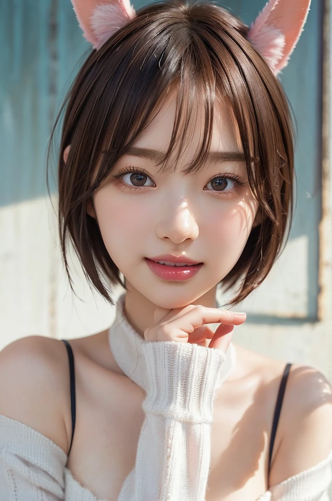 Low angle、Shooting from below、White knitted tops、White sweater、Exposed shoulders、Wear jeans pants、wrap a knitted scarf around your neck、I can see her cleavage、Nipples、Morning in the city、Morning Glow、Ink、Tattoo、Full nudity、Pink short hair、Full nudity(8k, Highest quality, masterpiece:1.2), (Realistic, Photorealistic:1.37)、cute、solo、(Laughter:1.15)、(Mouth closed)、Small breasts、(short hair:1.2)、Masseter muscle area、Pink short bob、Realistic rabbit ears、ピンクのRealistic rabbit ears、頭から突き出たRealistic rabbit ears、Pink Hair、Beautiful girl in her 20s、Enchanting atmosphere、Beautifully shaped hands、K-Pop、Pink bunny ears、One Girl、solo、masterpiece、Highest quality、Realistic、Hyper Detail、Absurd、ピンクのshort hair、Slender beauty、Dynamic Lighting、High resolution、Sharp focus、Depth of written boundary、(Thick tight:1.0)、Slender :1.2,((Short Bob Hair))、((K-Pop:1.3)),Highly detailed face and skin texture、((attractive)),Anatomically correct number of fingers,Correct Anatomy