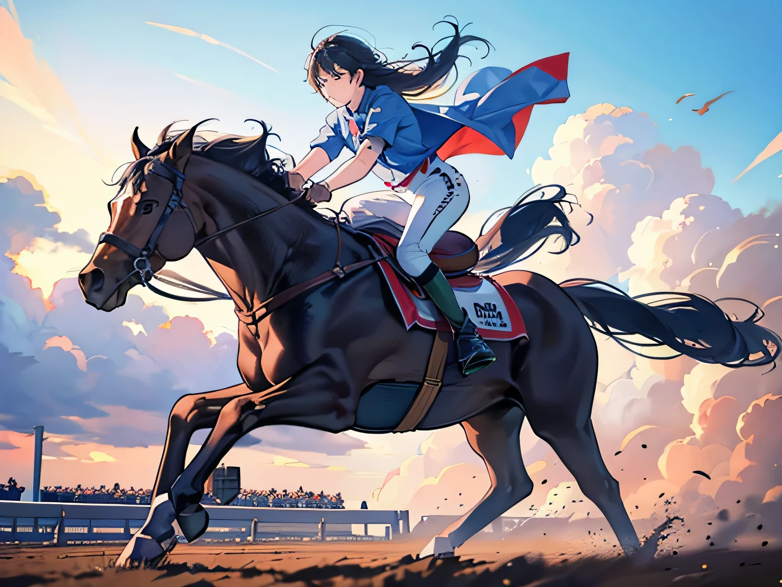 At the vast racecourse、A race horse running at full speed。The horse is muscular and powerful.、The mane is blowing in the wind。The background is the spectator stands and blue sky.。
