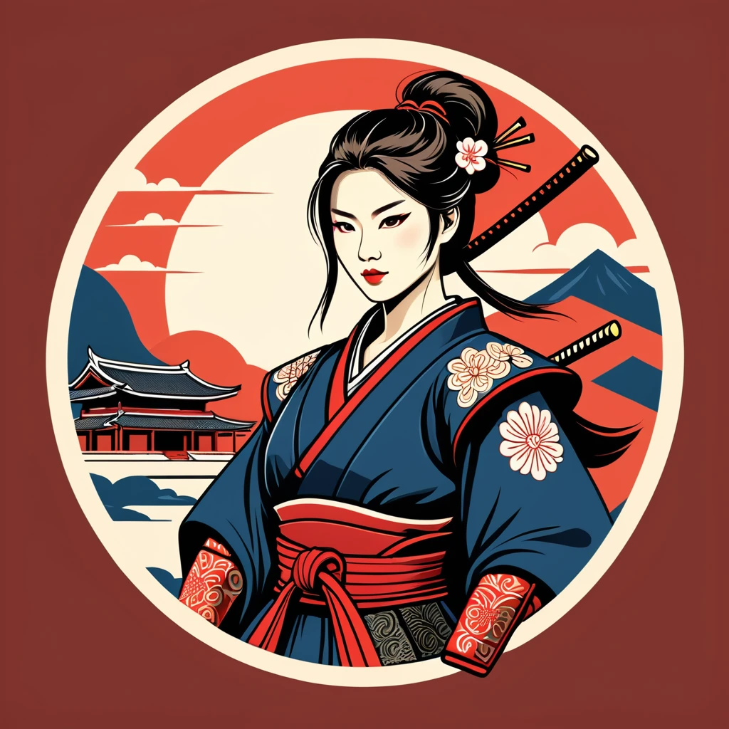 female samurai in singapore folk outfit ,vector graphics, strong contours, logo design