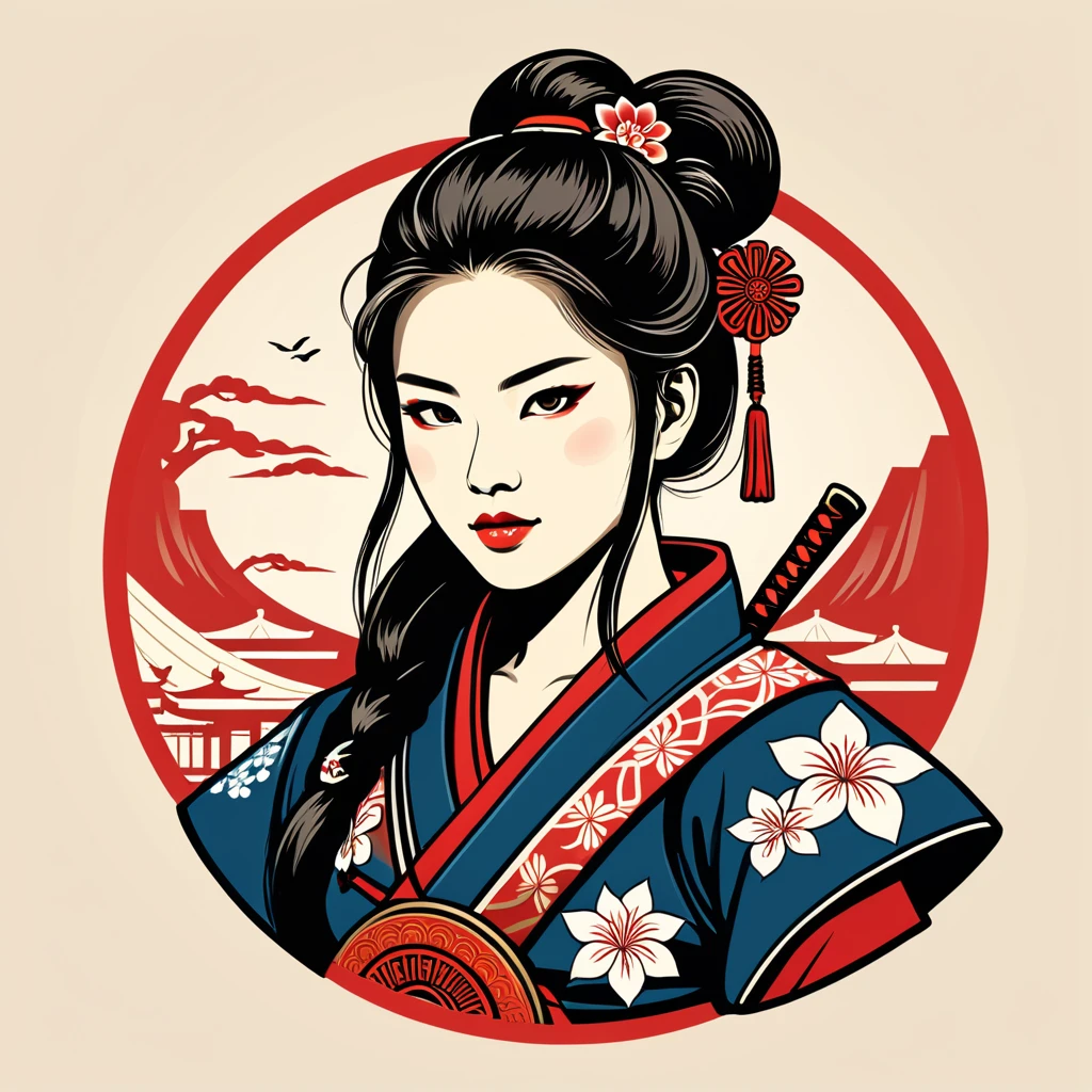 female samurai in singapore folk outfit ,vector graphics, strong contours, logo design