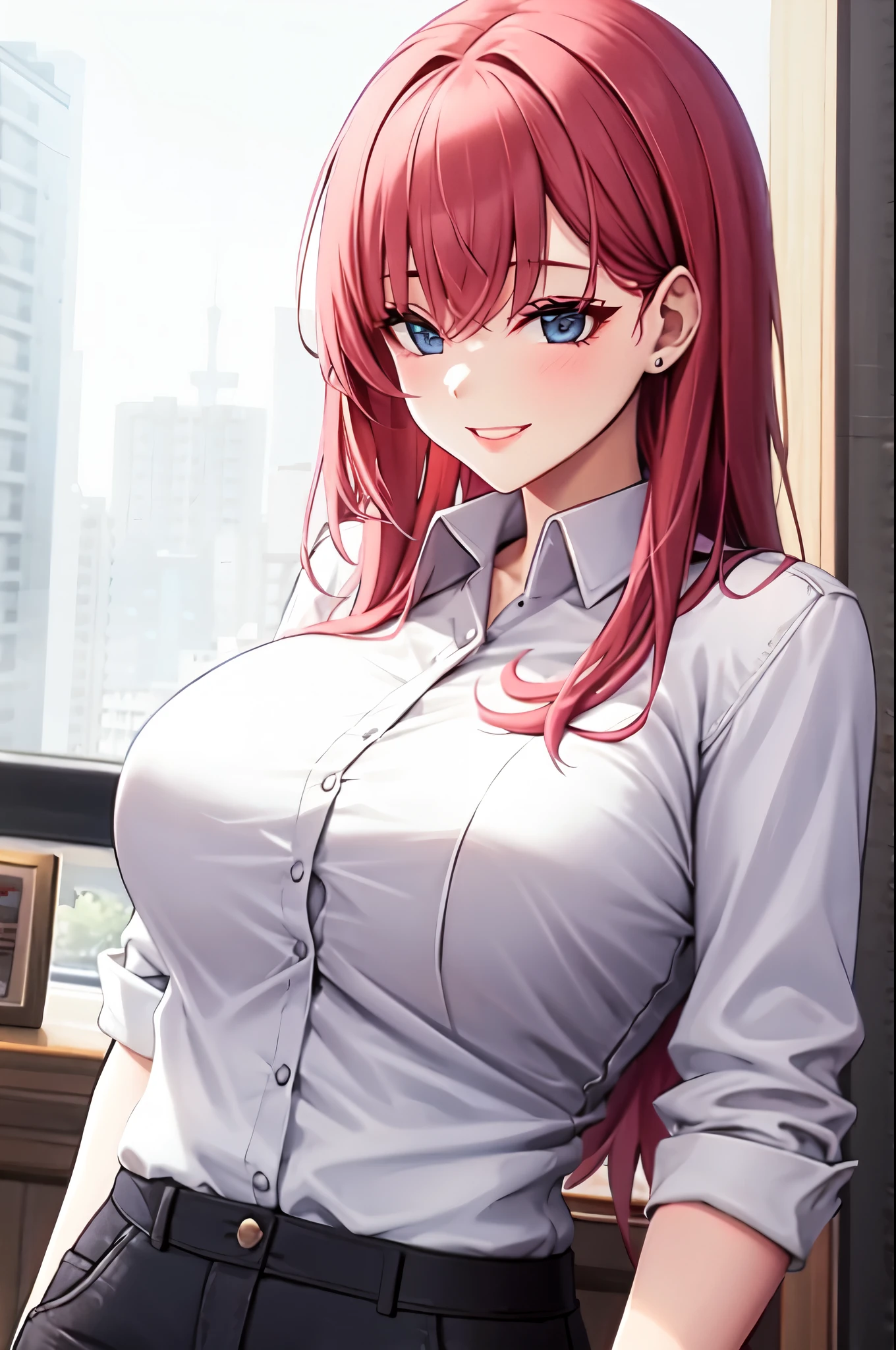 popped collar ,High collar,White shirt, woman,smile,whole body,