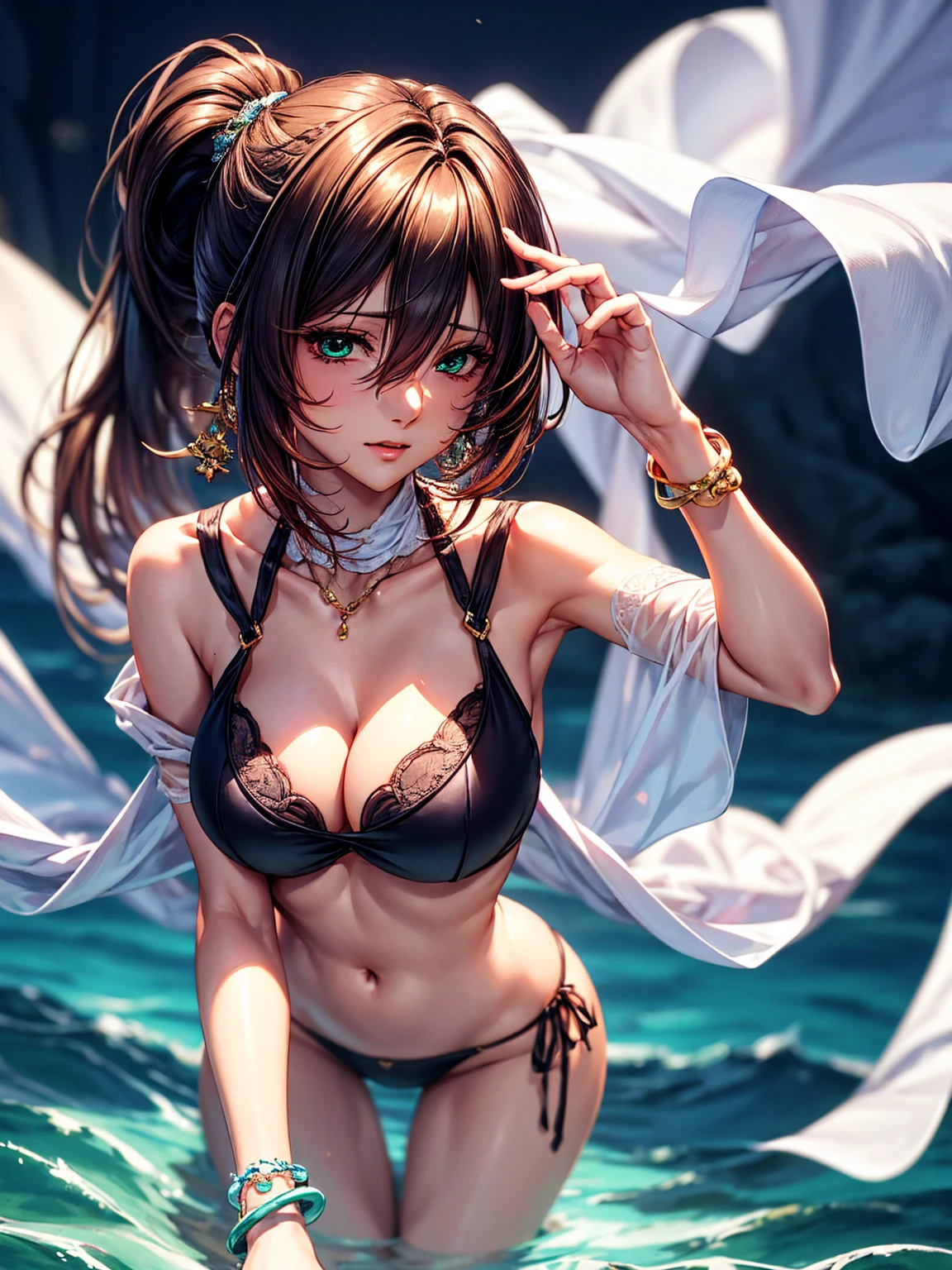 top-quality、tmasterpiece、Very high resolution、super high image quality、High-quality pixels)、perfect eyes, perfect face, perfect body figure，solo，8K, sizable breast，(Detailed description of hair), (Detailed description of face),(Detailed description of body), fair and clear skin, matchless beauty, long legged, brown hair details expressed, The details have been upgraded, tingyunhsr, green eyes, hair between eyes, ponytail, animal ears, tail, jewelry, dress, cleavage, bracelet, clothing cutout, under deep sea, (bikini style:1.3)