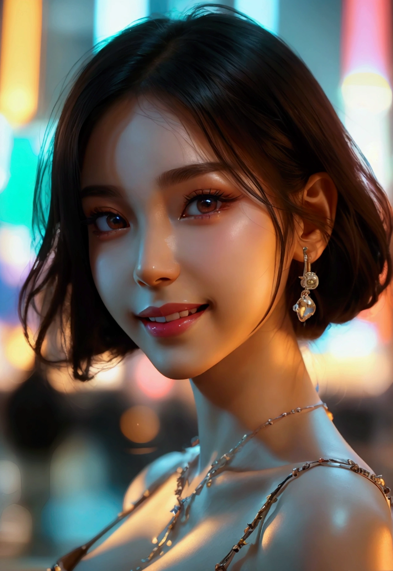 8K, masterpiece, RAW photo, best quality, Realistic, photorealistic, extremely detailed CG unity 8k wallpaper, Depth of field, Cinematic Light, Lens Flare, Ray tracing, (extremely beautiful face, beautiful lips, beautiful eyes), intricate detail face, ((ultra detailed skin)) 1girl, in the dark, deep shadow, pretty korean girl, kpop idol,(very slim slender fit-muscled body:1.3), ((looking at viewer)),(big smile:1.3), (night, (neon sign), (blurry background), big buildings, midnight,pretty girl, white diamond earrings, bracelets, necklace, clear eyes, walking , front shot, (pale skin), face forward, (big eyes), full body shot, ((a beautiful fantasy empress).inspired by Sim Sa-jeong,Azure.detailed hairs,winter princess,LCE Princess,Guvez-Steville artwork,8K), (looking at viewer:1.3), very slim, Super round breasts Under dress, medium breasts, Hermes bag, updo hair, short hair, medium butts, thick thighs, full shot, high heels, long legs, Soo cute , Stylish poses, sexy angles,