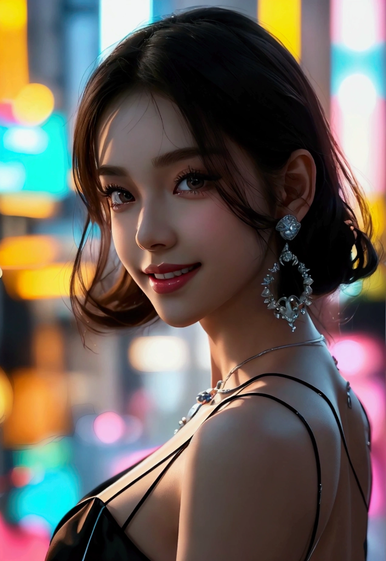 8K, masterpiece, RAW photo, best quality, Realistic, photorealistic, extremely detailed CG unity 8k wallpaper, Depth of field, Cinematic Light, Lens Flare, Ray tracing, (extremely beautiful face, beautiful lips, beautiful eyes), intricate detail face, ((ultra detailed skin)) 1girl, in the dark, deep shadow, pretty korean girl, kpop idol,(very slim slender fit-muscled body:1.3), ((looking at viewer)),(big smile:1.3), (night, (neon sign), (blurry background), big buildings, midnight,pretty girl, white diamond earrings, bracelets, necklace, clear eyes, walking , front shot, (pale skin), face forward, (big eyes), full body shot, ((a beautiful fantasy empress).inspired by Sim Sa-jeong，Azure.detailed hairs,winter princess,LCE Princess,Guvez-Steville artwork,8K), (looking at viewer:1.3), very slim, Super round breasts Under dress, medium breasts, Hermes bag, updo hair, short hair, medium butts, thick thighs, full shot, high heels, long legs, Soo cute , Stylish poses, sexy angles,
