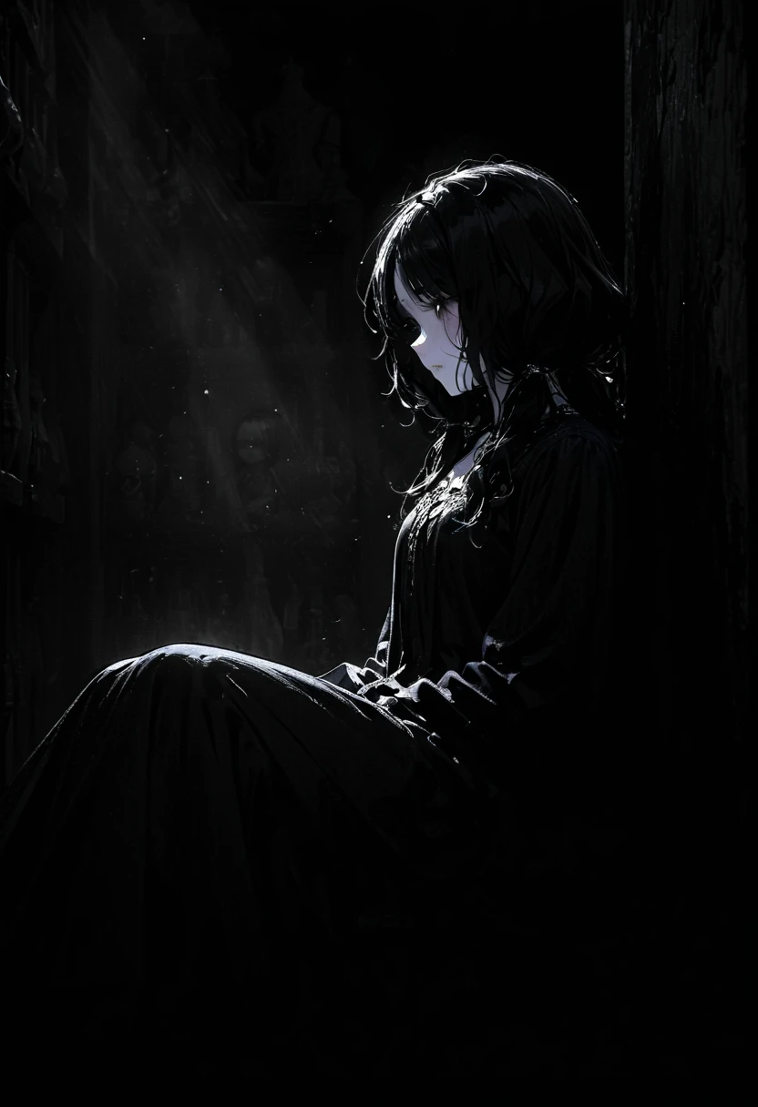 1porcelain doll, low twintails with white rose, black hair, detailed face, ((emotionless expression)), ((lifeless)), plain white skin, plain white eyes, long eyelashes, (gaze down), black eye liner, white face makeup, gray lipstick, black dress, (white ornate), medieval theme, (dark horror theme), cold lighting, white lighting, (dust), sitting lean on the wall, (tilt head), (sitting in dark conner of doll shop), (doll shelf), porcelain doll, (masterpiece:1.2), super detailed, best quality, DeepNegative_xl_v1